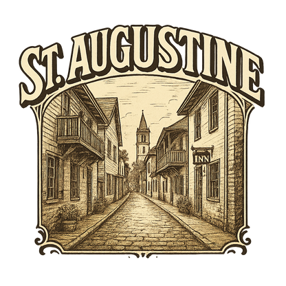 A typographic, nostalgic graphic of a typographic illustration of the words 'st. augustine' with a vintage line art drawing of st. george street – a t-shirt design