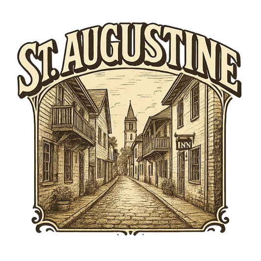 A typographic, nostalgic graphic of a typographic illustration of the words 'st. augustine' with a vintage line art drawing of st. george street – a t-shirt design
