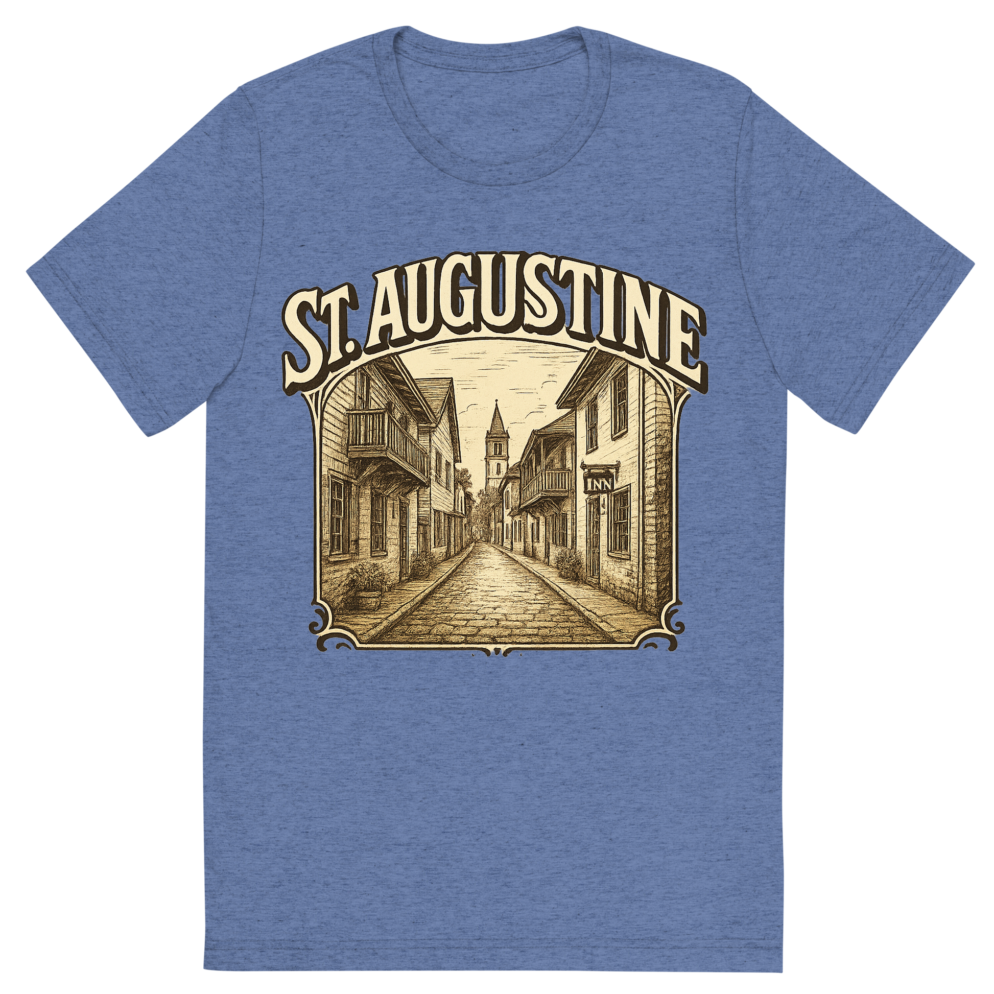 Front view of a Premium Tri-Blend Crew Neck T-Shirt in Blue showing 'A typographic, nostalgic graphic of a typographic illustration of the words 'st. augustine' with a vintage line art drawing of st. george street'
