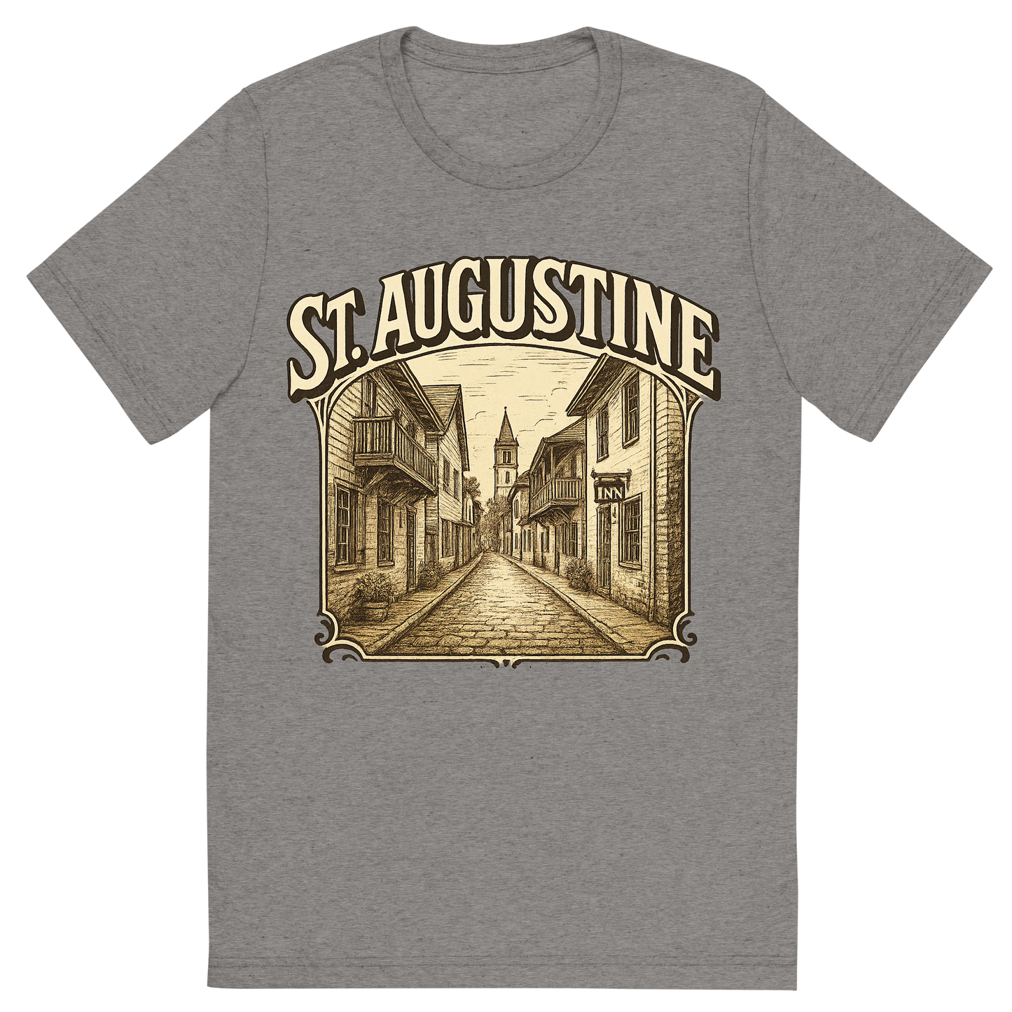Front view of a Premium Tri-Blend Crew Neck T-Shirt in Grey showing 'A typographic, nostalgic graphic of a typographic illustration of the words 'st. augustine' with a vintage line art drawing of st. george street'