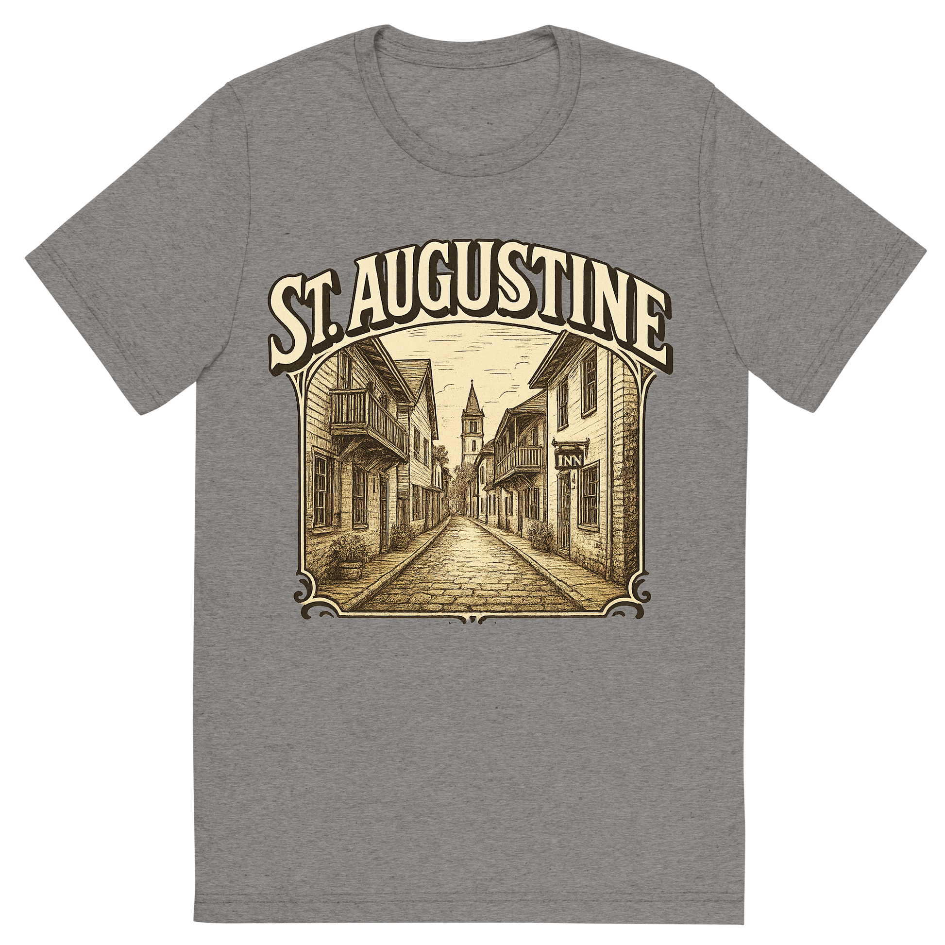 Front view of a Premium Tri-Blend Crew Neck T-Shirt in Grey showing 'A typographic, nostalgic graphic of a typographic illustration of the words 'st. augustine' with a vintage line art drawing of st. george street'