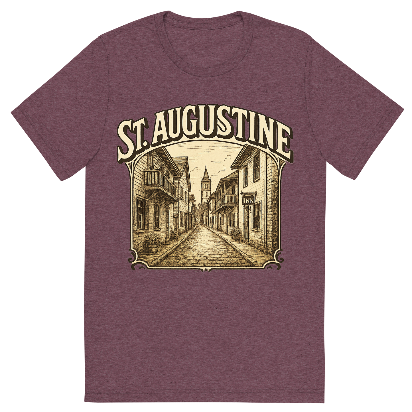 Front view of a Premium Tri-Blend Crew Neck T-Shirt in Maroon showing 'A typographic, nostalgic graphic of a typographic illustration of the words 'st. augustine' with a vintage line art drawing of st. george street'