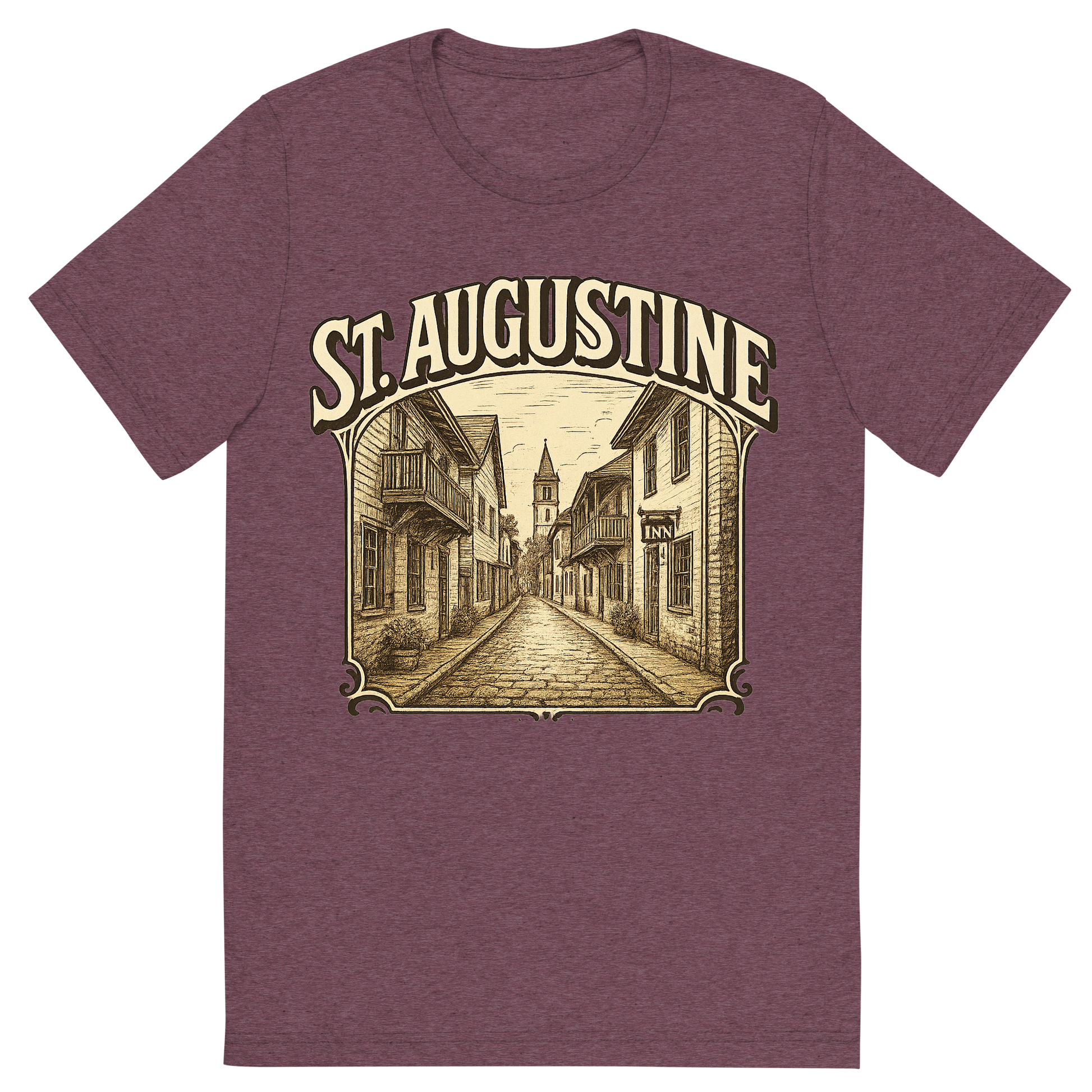Front view of a Premium Tri-Blend Crew Neck T-Shirt in Maroon showing 'A typographic, nostalgic graphic of a typographic illustration of the words 'st. augustine' with a vintage line art drawing of st. george street'