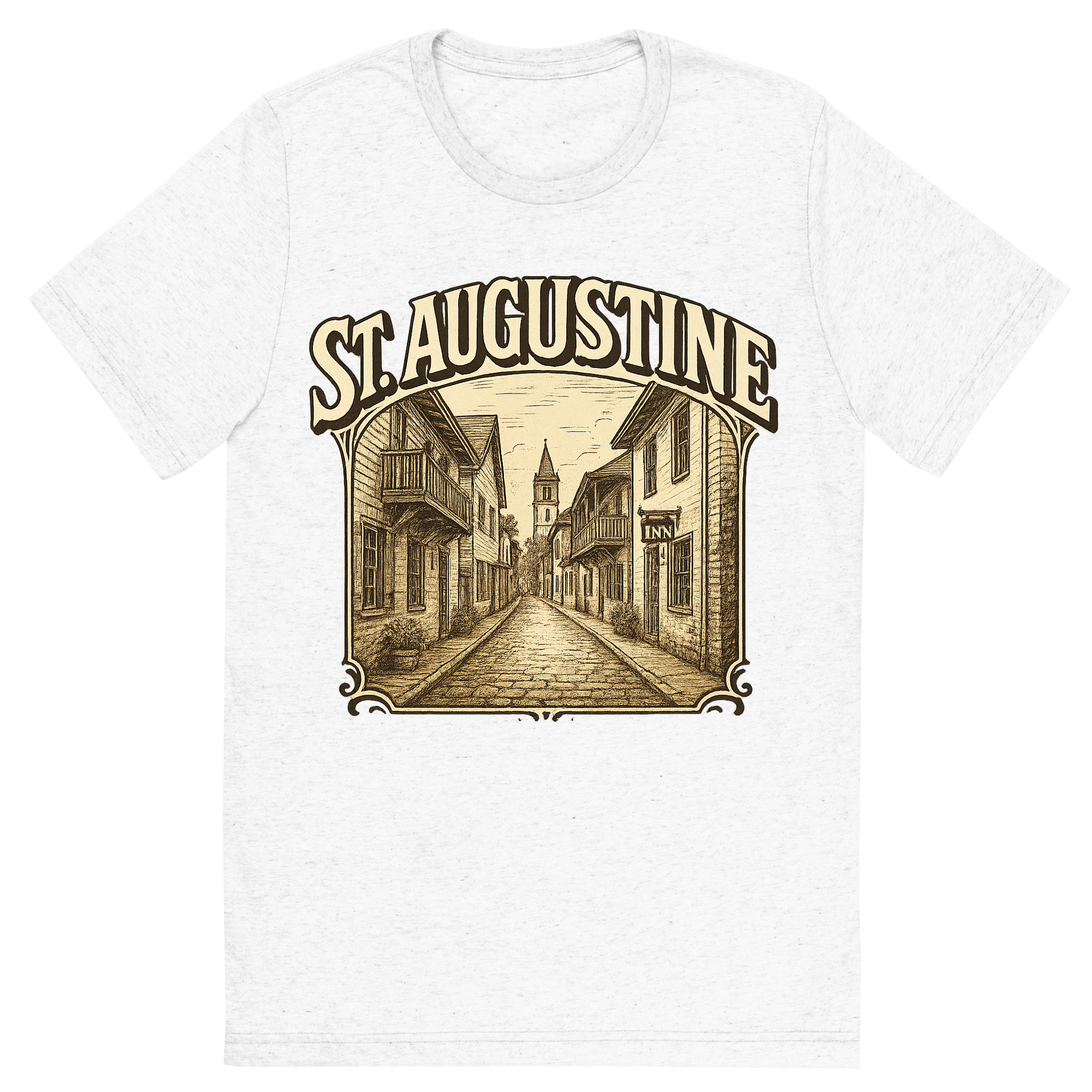 Front view of a Premium Tri-Blend Crew Neck T-Shirt in Solid White showing 'A typographic, nostalgic graphic of a typographic illustration of the words 'st. augustine' with a vintage line art drawing of st. george street'