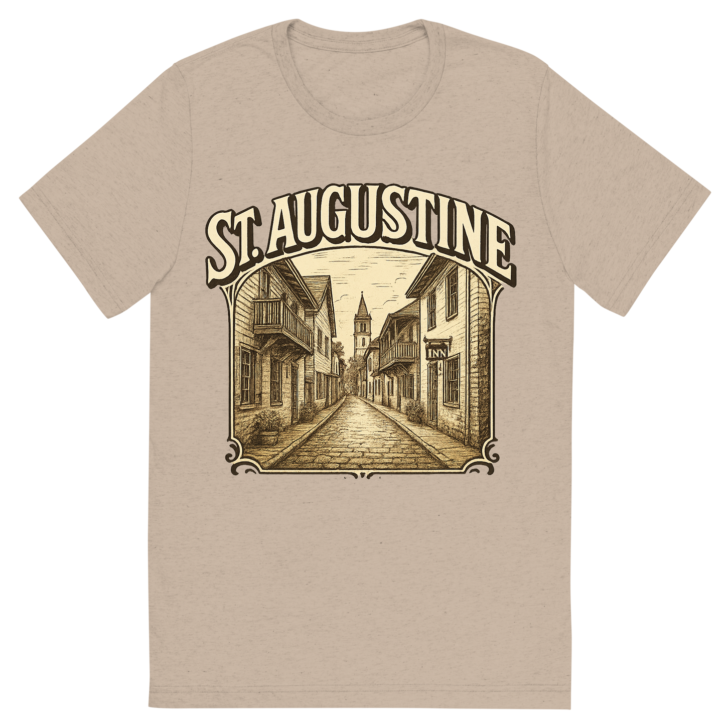 Front view of a Premium Tri-Blend Crew Neck T-Shirt in Tan showing 'A typographic, nostalgic graphic of a typographic illustration of the words 'st. augustine' with a vintage line art drawing of st. george street'