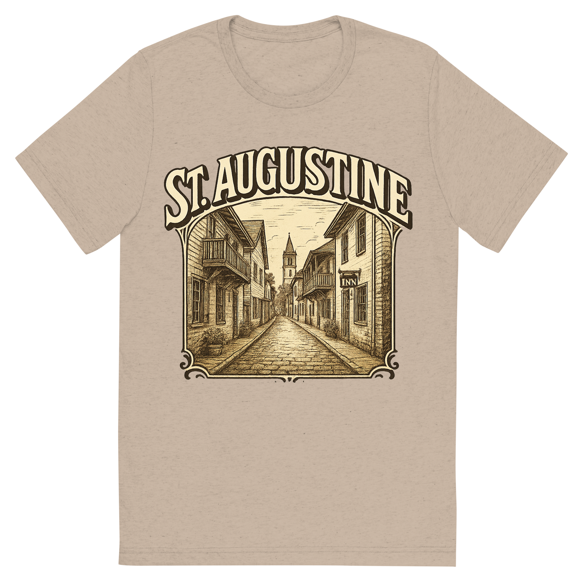 Front view of a Premium Tri-Blend Crew Neck T-Shirt in Tan showing 'A typographic, nostalgic graphic of a typographic illustration of the words 'st. augustine' with a vintage line art drawing of st. george street'