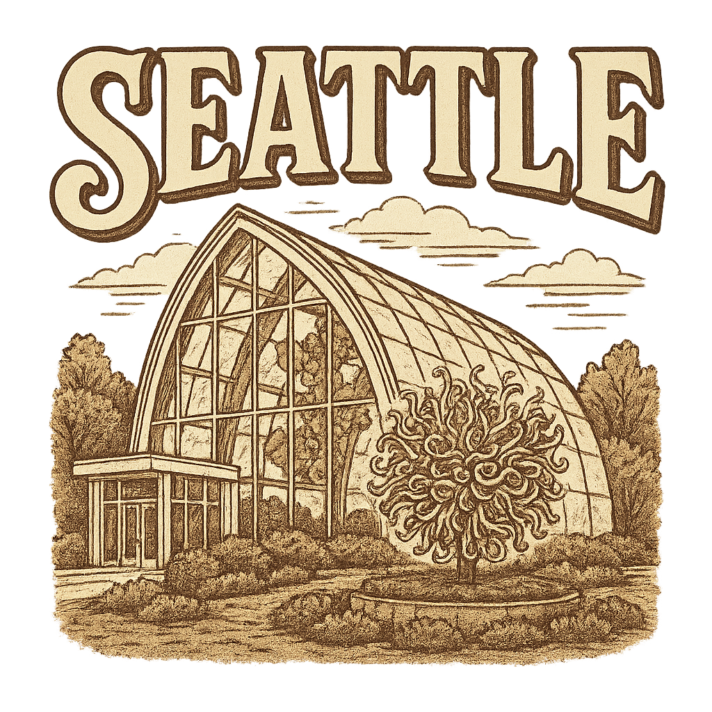 A typographic, nostalgic graphic of a typographic illustration of the words 'seattle' with a vintage line art drawing of the chihuly garden and glass – a t-shirt design