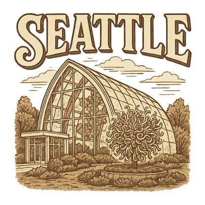 A typographic, nostalgic graphic of a typographic illustration of the words 'seattle' with a vintage line art drawing of the chihuly garden and glass – a t-shirt design