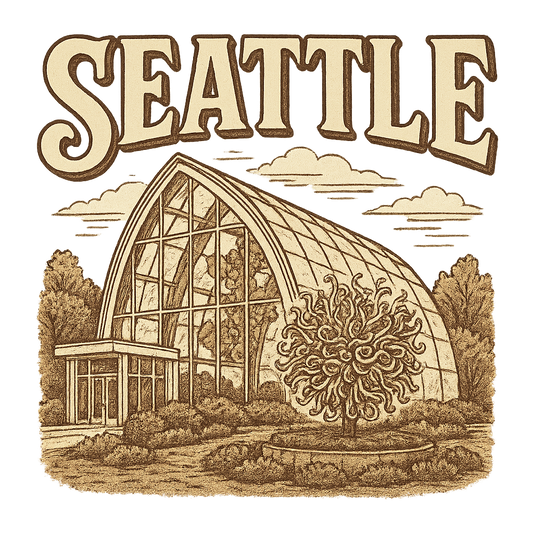A typographic, nostalgic graphic of a typographic illustration of the words 'seattle' with a vintage line art drawing of the chihuly garden and glass – a t-shirt design