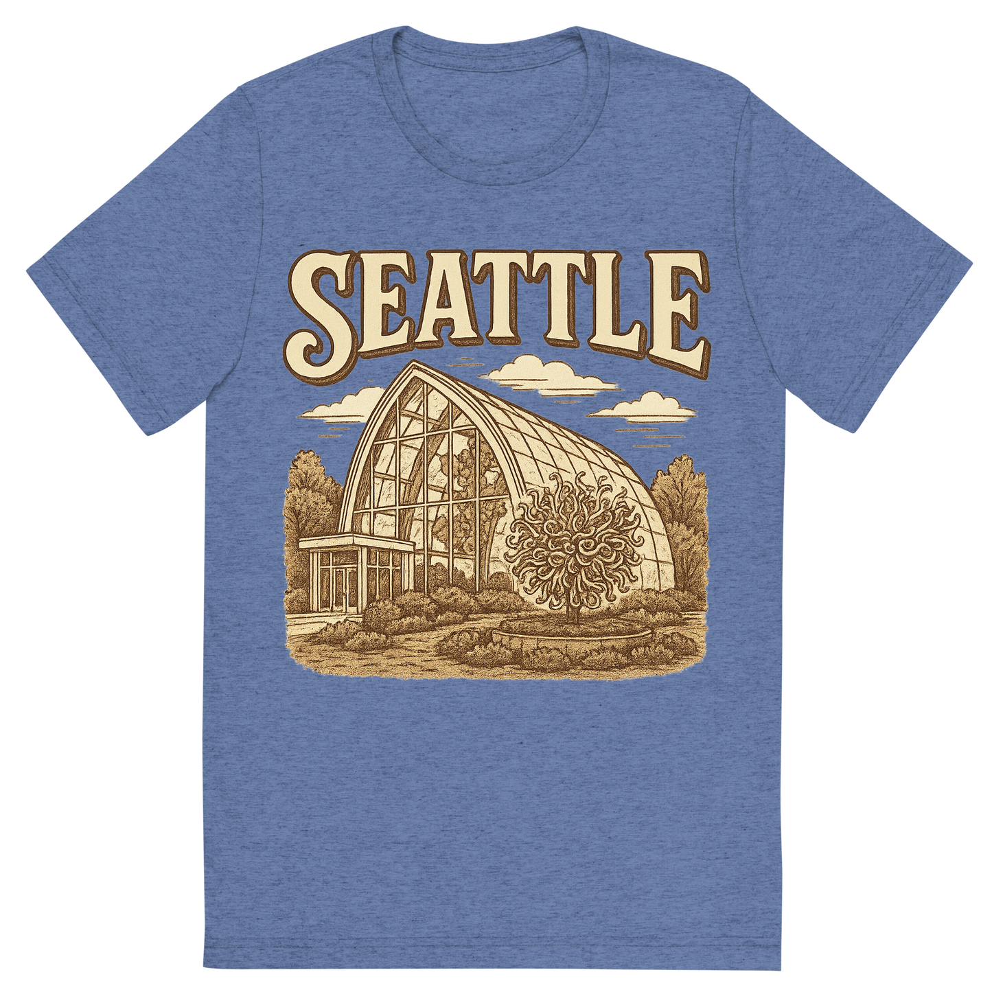 Front view of a Premium Tri-Blend Crew Neck T-Shirt in Blue showing 'A typographic, nostalgic graphic of a typographic illustration of the words 'seattle' with a vintage line art drawing of the chihuly garden and glass'