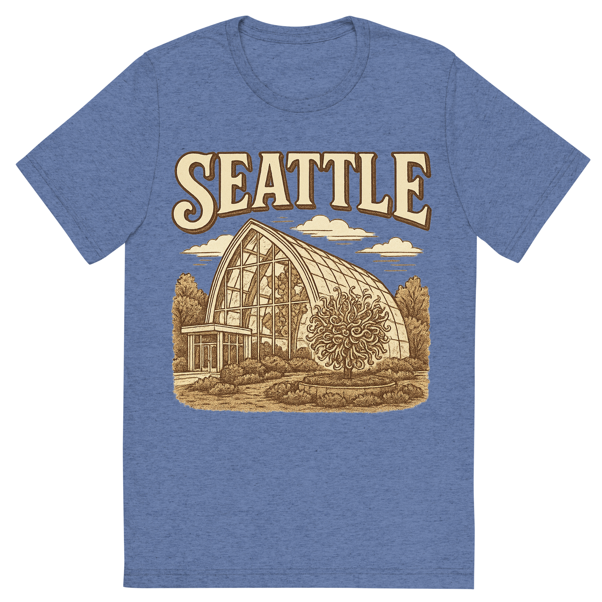 Front view of a Premium Tri-Blend Crew Neck T-Shirt in Blue showing 'A typographic, nostalgic graphic of a typographic illustration of the words 'seattle' with a vintage line art drawing of the chihuly garden and glass'