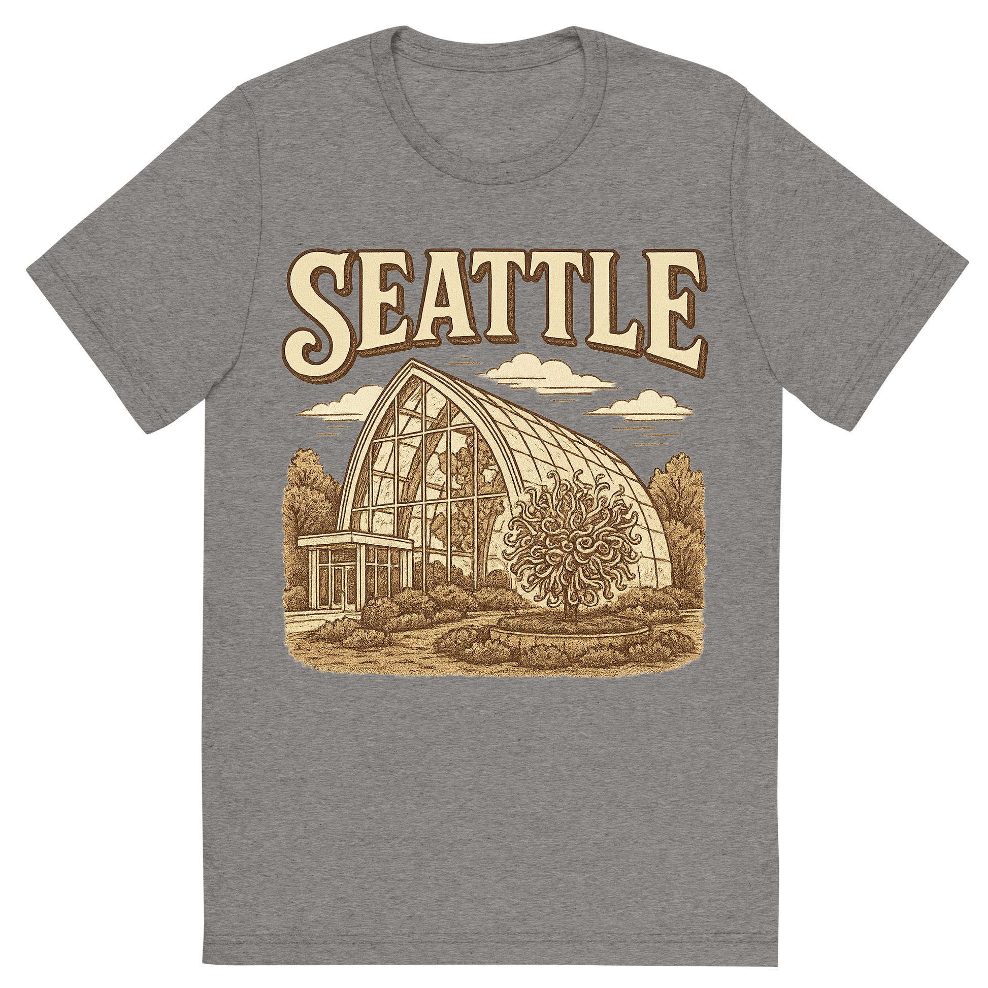 Front view of a Premium Tri-Blend Crew Neck T-Shirt in Grey showing 'A typographic, nostalgic graphic of a typographic illustration of the words 'seattle' with a vintage line art drawing of the chihuly garden and glass'