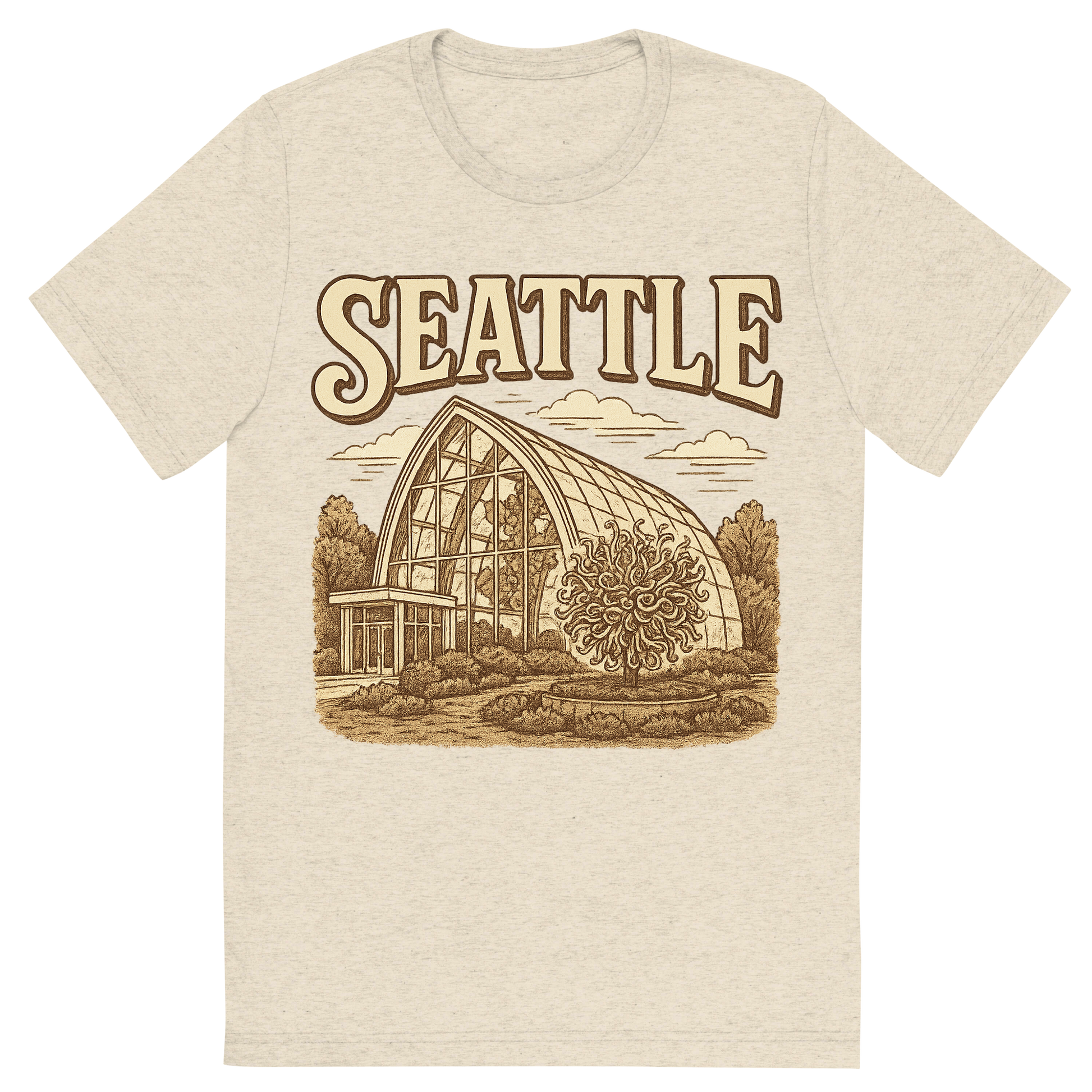 Front view of a Premium Tri-Blend Crew Neck T-Shirt in Oatmeal showing 'A typographic, nostalgic graphic of a typographic illustration of the words 'seattle' with a vintage line art drawing of the chihuly garden and glass'