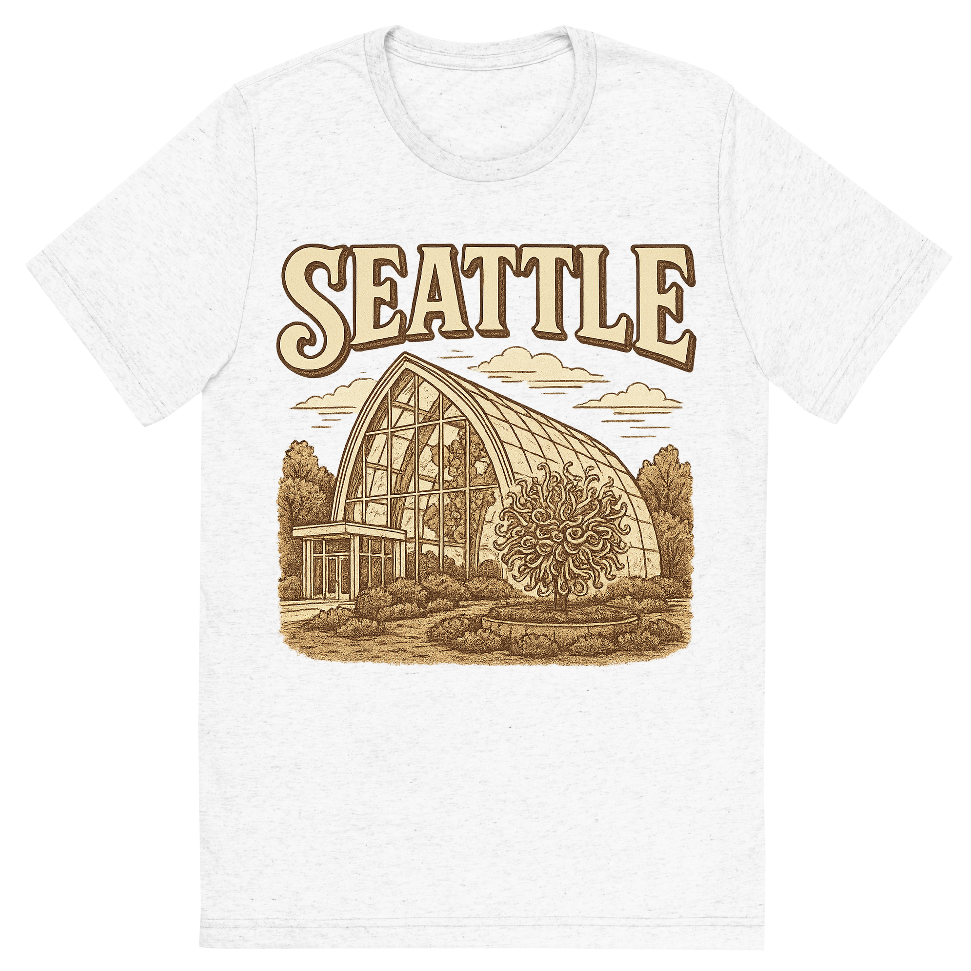 Front view of a Premium Tri-Blend Crew Neck T-Shirt in Solid White showing 'A typographic, nostalgic graphic of a typographic illustration of the words 'seattle' with a vintage line art drawing of the chihuly garden and glass'
