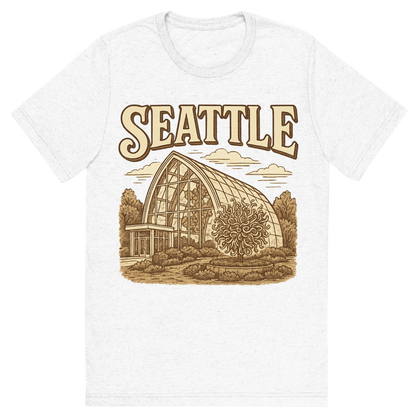 Front view of a Premium Tri-Blend Crew Neck T-Shirt in Solid White showing 'A typographic, nostalgic graphic of a typographic illustration of the words 'seattle' with a vintage line art drawing of the chihuly garden and glass'