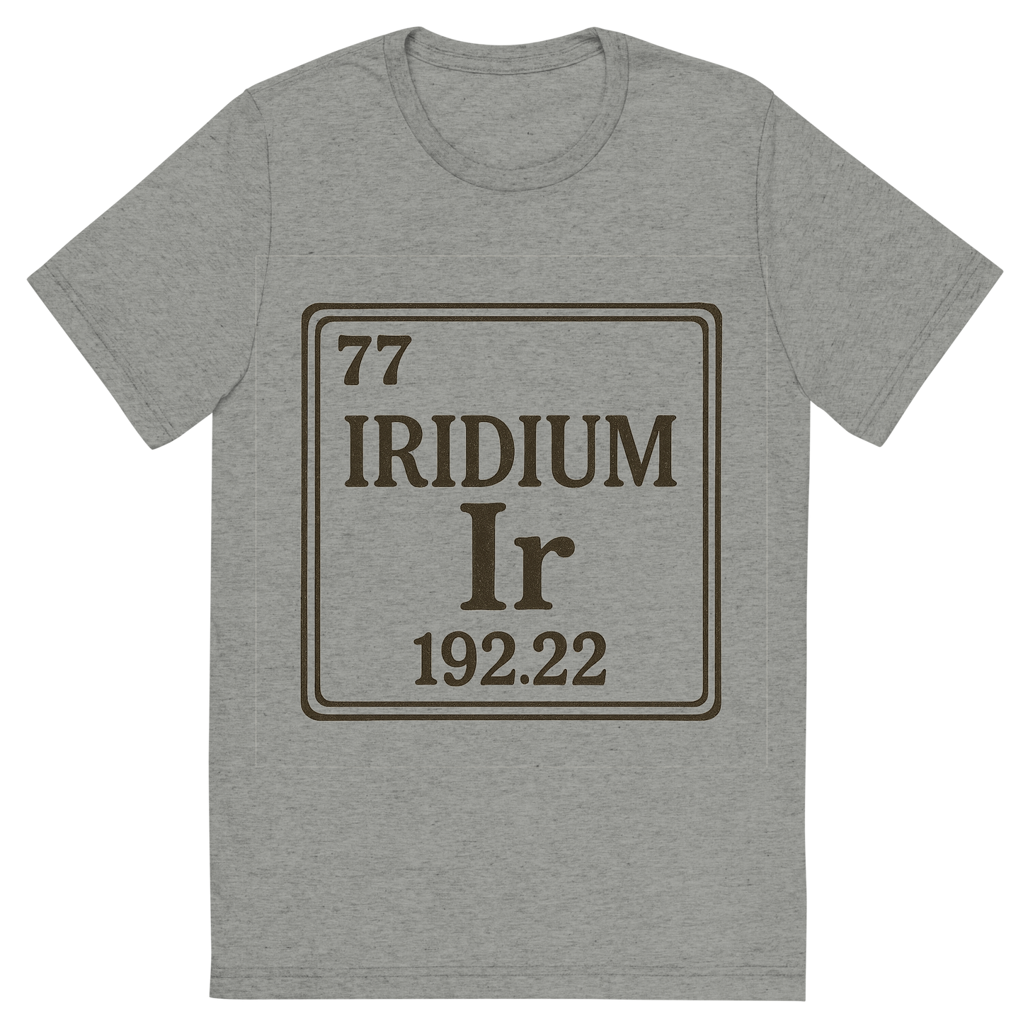 Front view of a Premium Tri-Blend Crew Neck T-Shirt in Athletic Grey showing 'A line art, nostalgic graphic of iridium's entry on the periodic table, use a dark color for the lines and text'