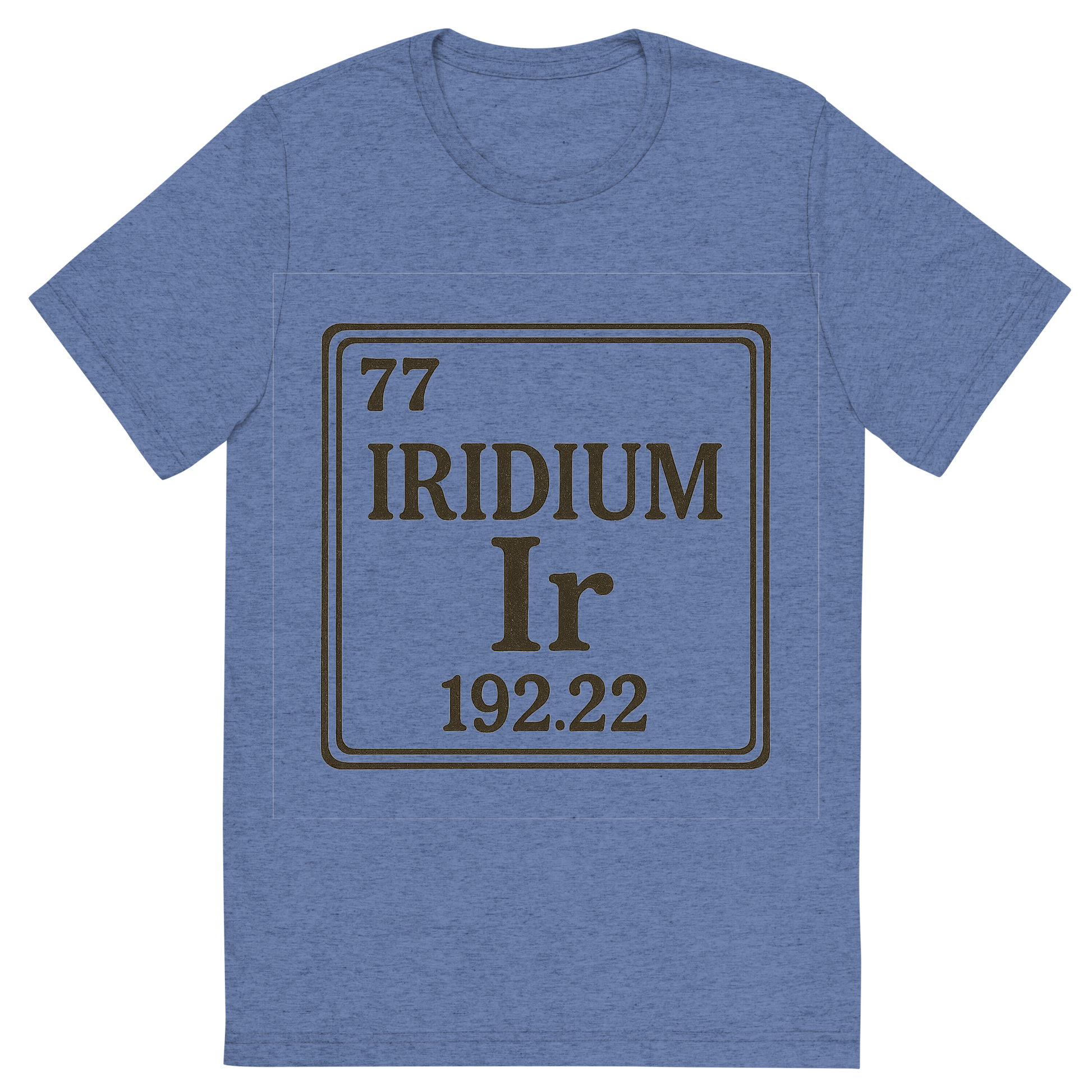 Front view of a Premium Tri-Blend Crew Neck T-Shirt in Blue showing 'A line art, nostalgic graphic of iridium's entry on the periodic table, use a dark color for the lines and text'