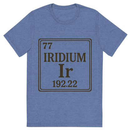Front view of a Premium Tri-Blend Crew Neck T-Shirt in Blue showing 'A line art, nostalgic graphic of iridium's entry on the periodic table, use a dark color for the lines and text'