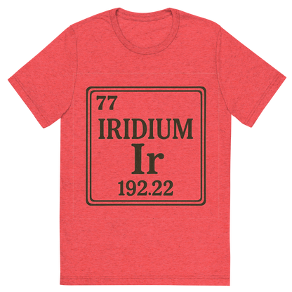 Front view of a Premium Tri-Blend Crew Neck T-Shirt in Red showing 'A line art, nostalgic graphic of iridium's entry on the periodic table, use a dark color for the lines and text'
