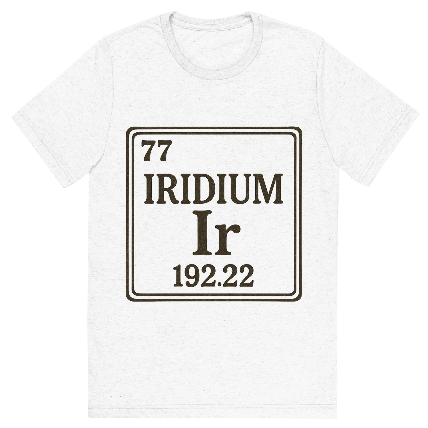 Front view of a Premium Tri-Blend Crew Neck T-Shirt in Solid White showing 'A line art, nostalgic graphic of iridium's entry on the periodic table, use a dark color for the lines and text'