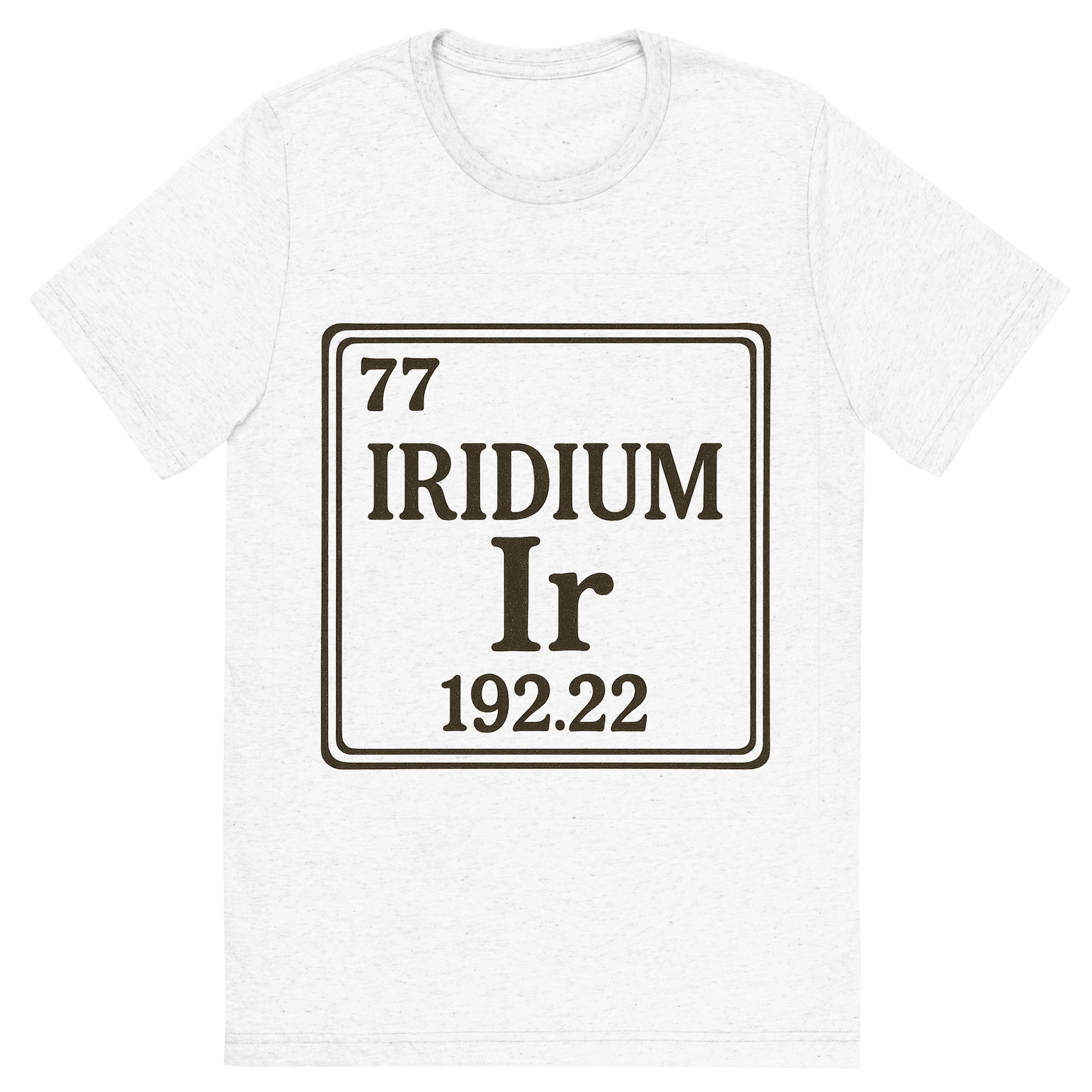 Front view of a Premium Tri-Blend Crew Neck T-Shirt in Solid White showing 'A line art, nostalgic graphic of iridium's entry on the periodic table, use a dark color for the lines and text'