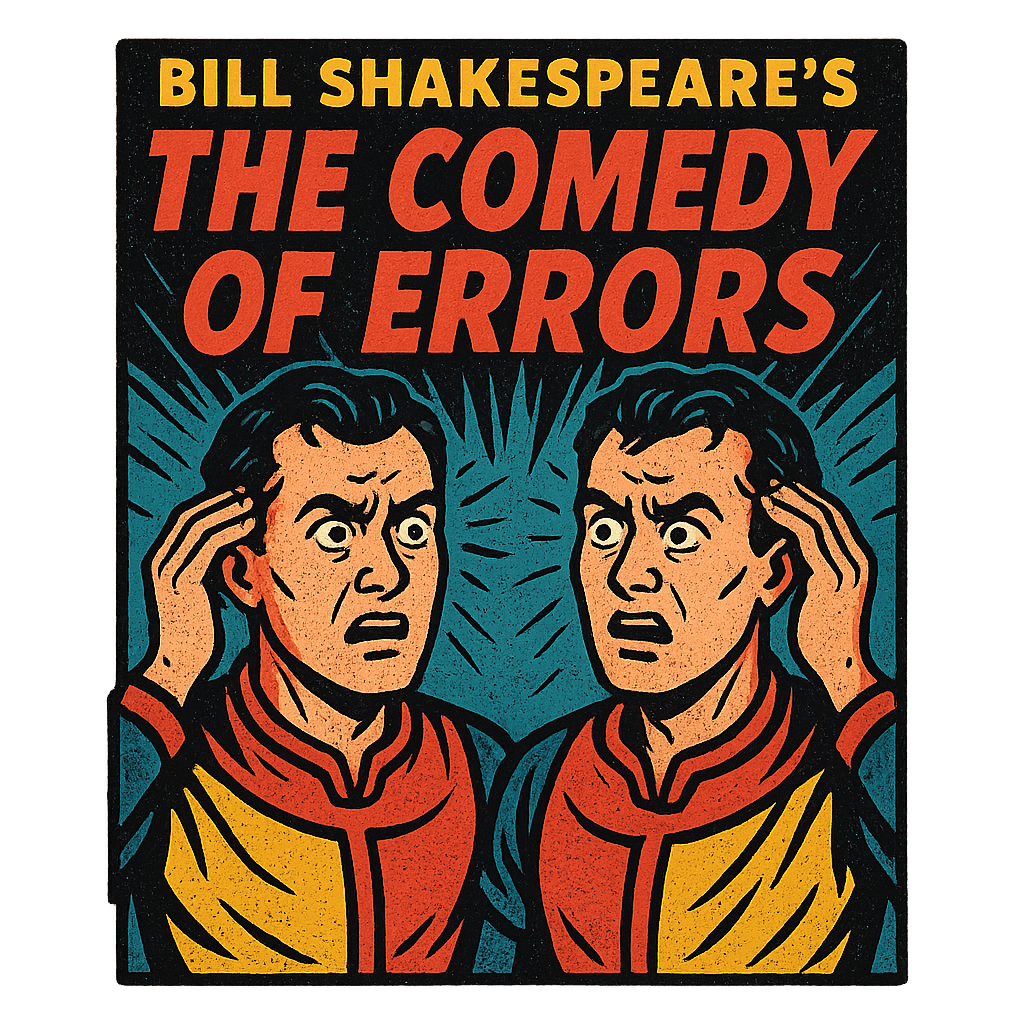A retro, edgy graphic of a visual representation of a key theme and character from william shakespeare's the comedy of errors – a t-shirt design