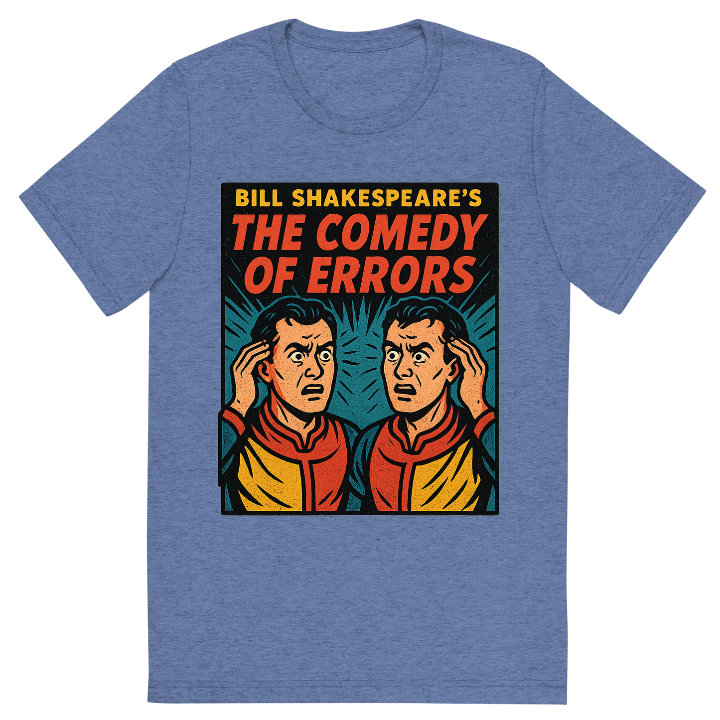 Front view of a Premium Tri-Blend Crew Neck T-Shirt in Blue showing 'A retro, edgy graphic of a visual representation of a key theme and character from william shakespeare's the comedy of errors'