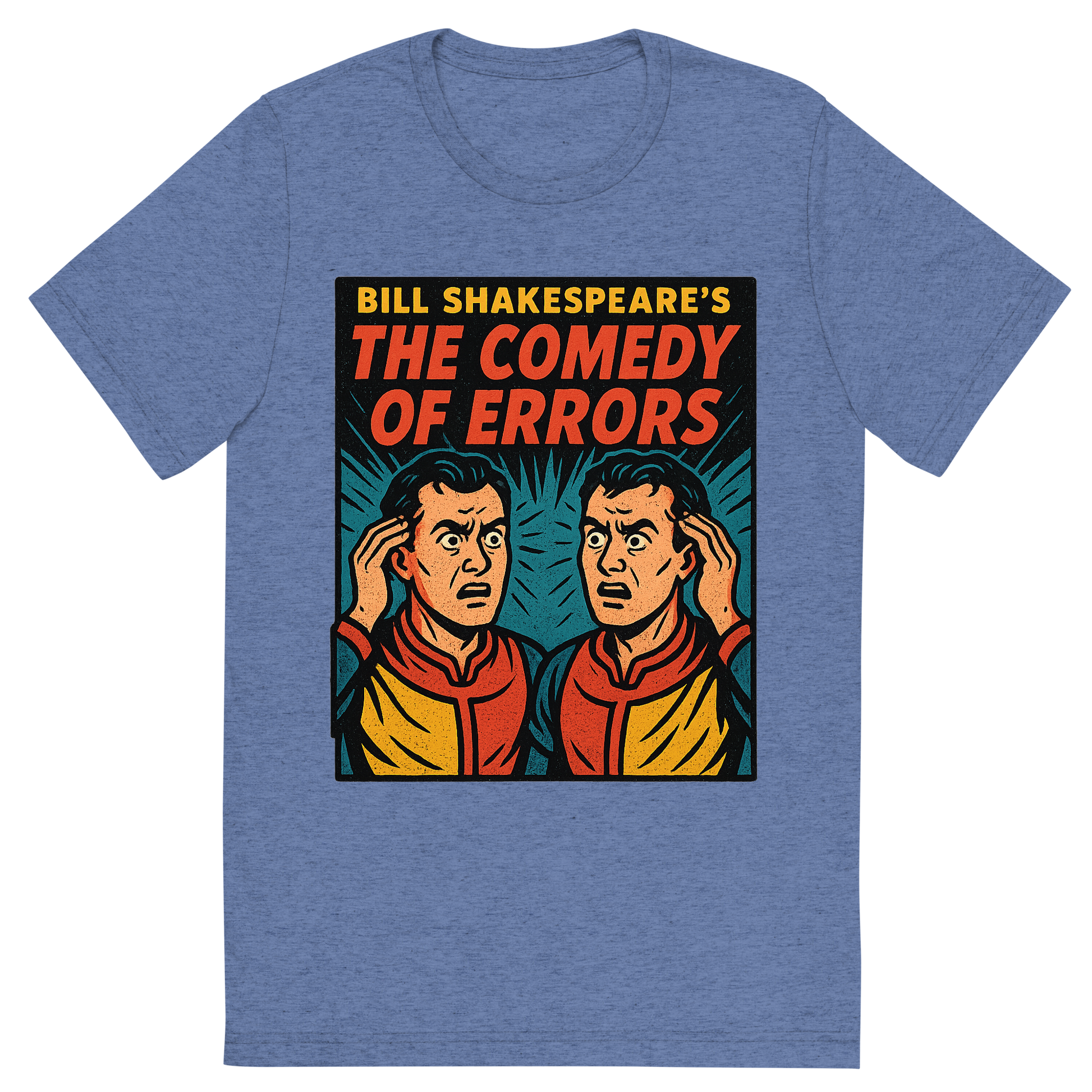 Front view of a Premium Tri-Blend Crew Neck T-Shirt in Blue showing 'A retro, edgy graphic of a visual representation of a key theme and character from william shakespeare's the comedy of errors'