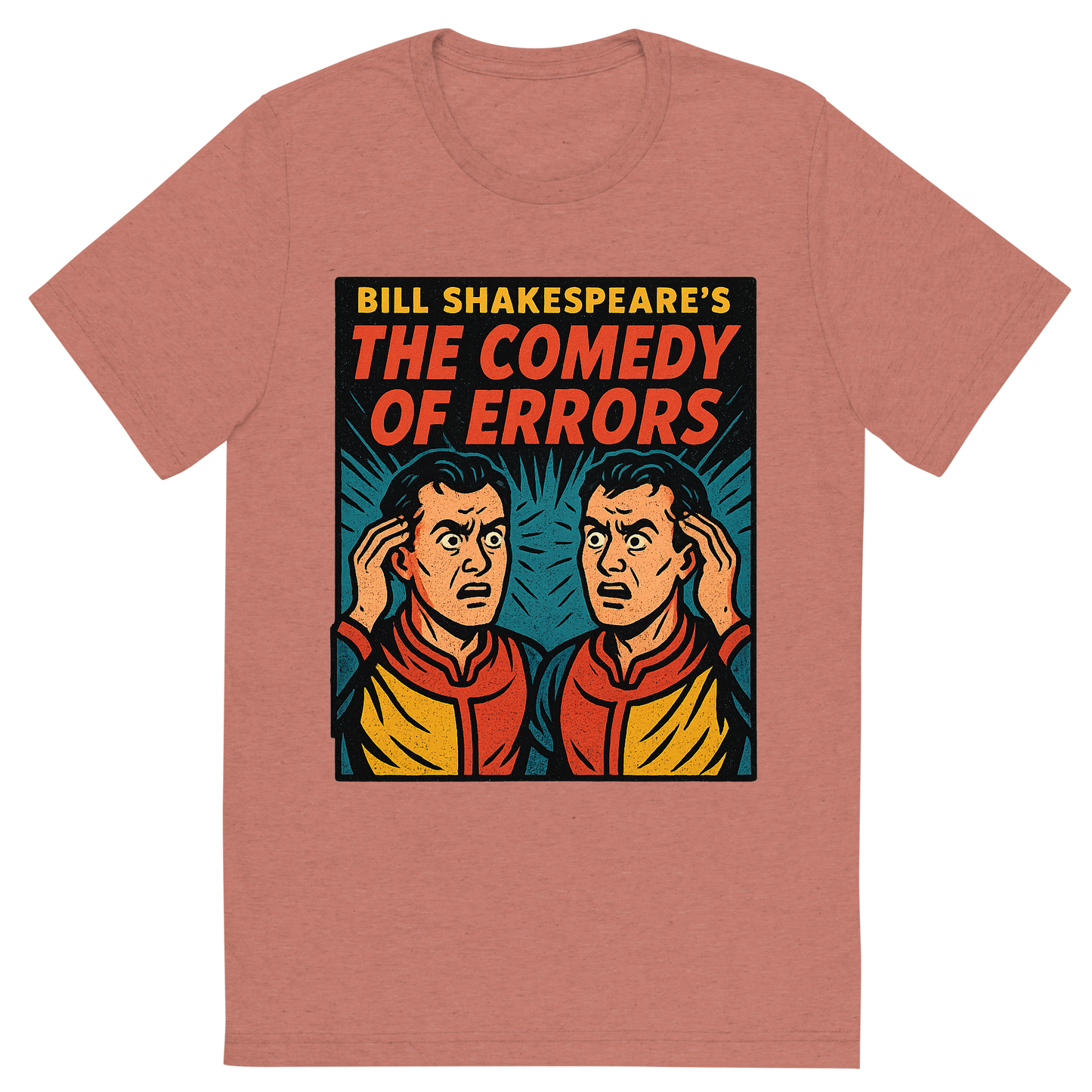 Front view of a Premium Tri-Blend Crew Neck T-Shirt in Mauve showing 'A retro, edgy graphic of a visual representation of a key theme and character from william shakespeare's the comedy of errors'