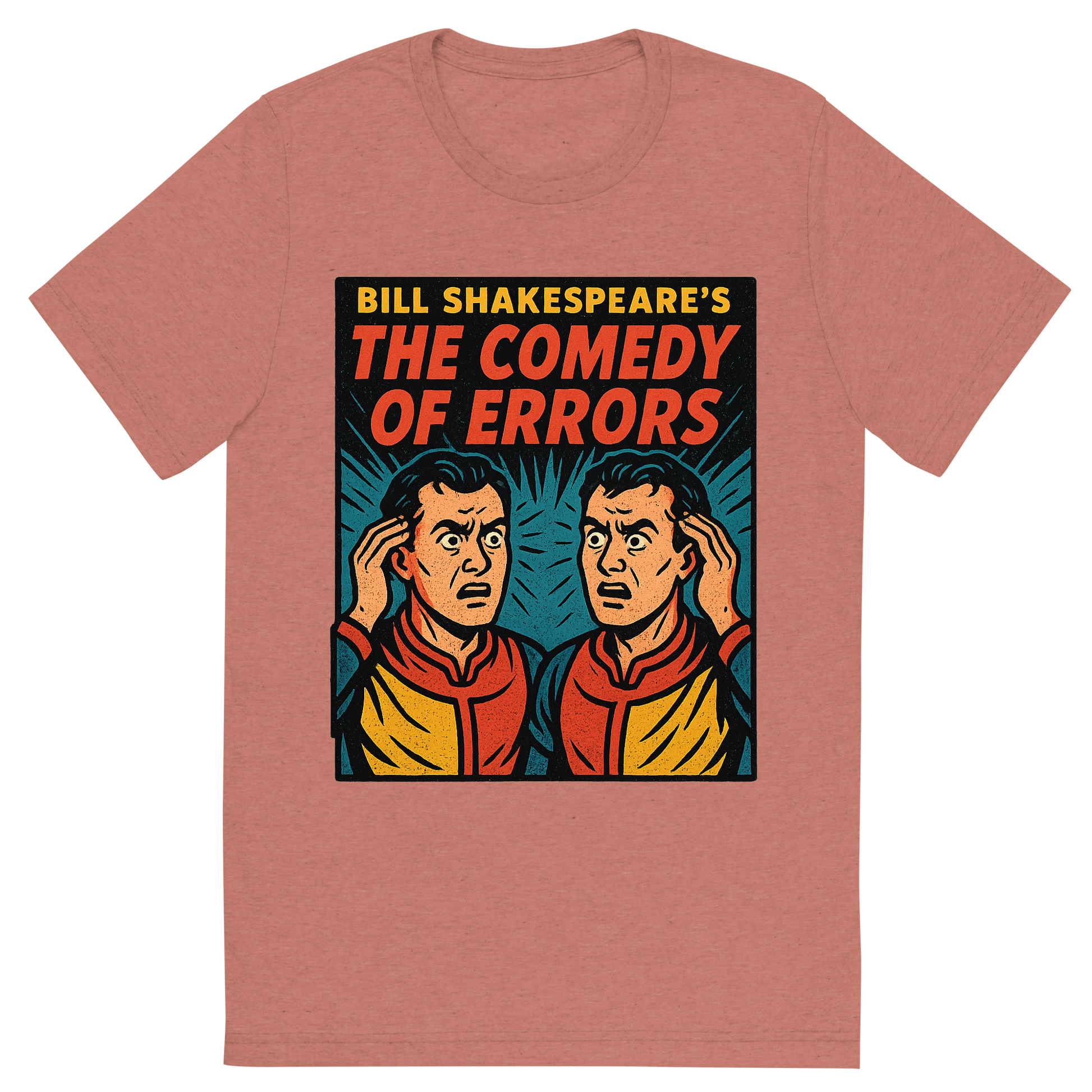 Front view of a Premium Tri-Blend Crew Neck T-Shirt in Mauve showing 'A retro, edgy graphic of a visual representation of a key theme and character from william shakespeare's the comedy of errors'
