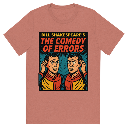 Front view of a Premium Tri-Blend Crew Neck T-Shirt in Mauve showing 'A retro, edgy graphic of a visual representation of a key theme and character from william shakespeare's the comedy of errors'