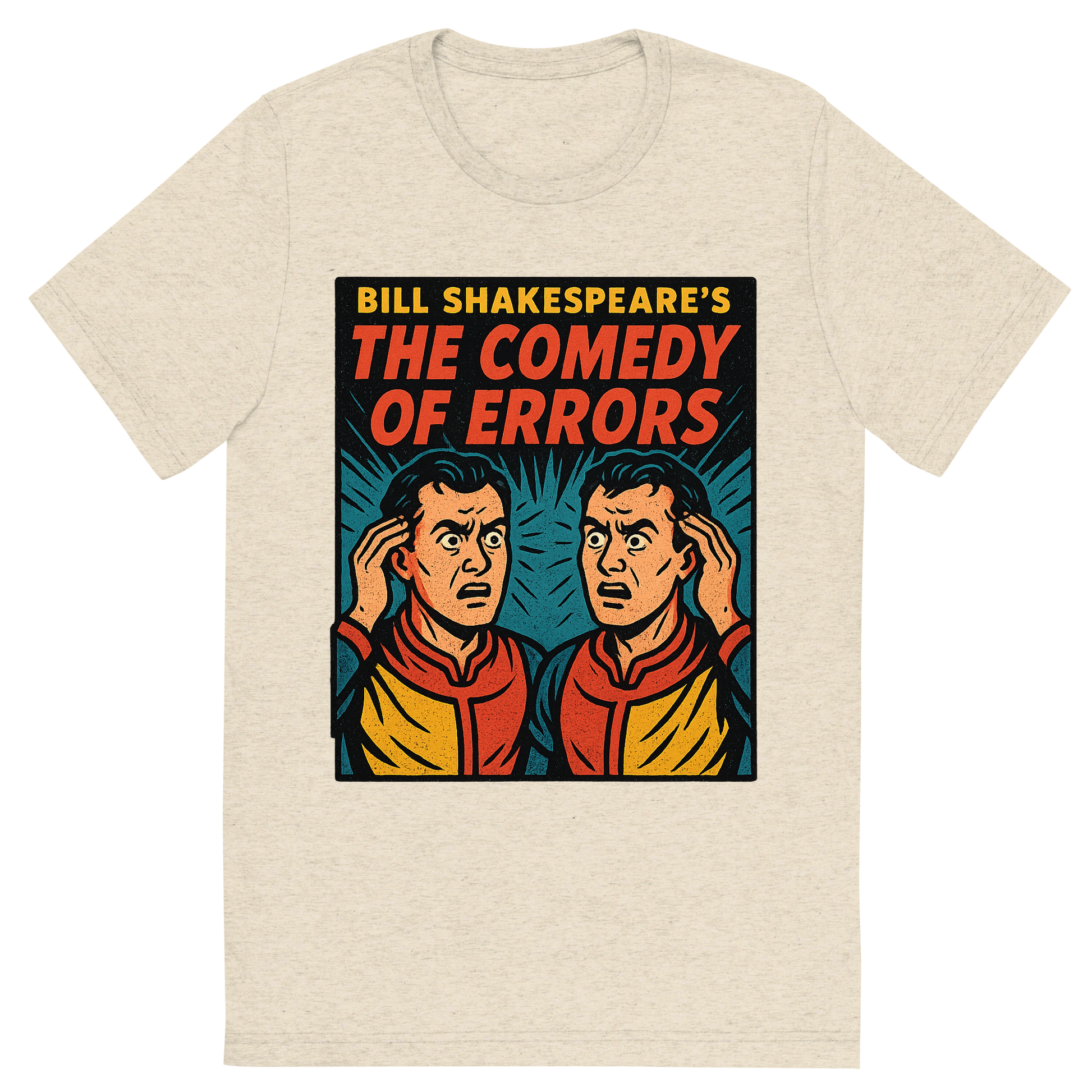 Front view of a Premium Tri-Blend Crew Neck T-Shirt in Oatmeal showing 'A retro, edgy graphic of a visual representation of a key theme and character from william shakespeare's the comedy of errors'