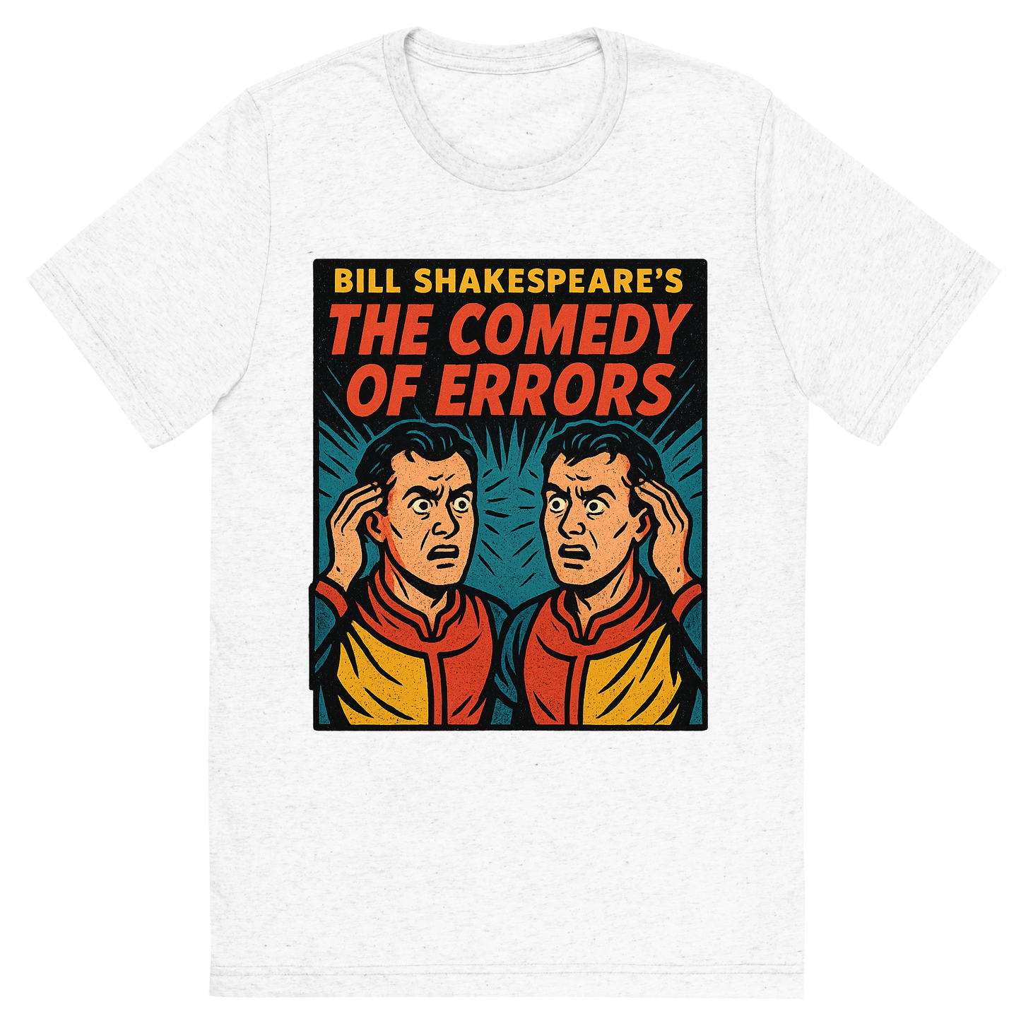 Front view of a Premium Tri-Blend Crew Neck T-Shirt in Solid White showing 'A retro, edgy graphic of a visual representation of a key theme and character from william shakespeare's the comedy of errors'