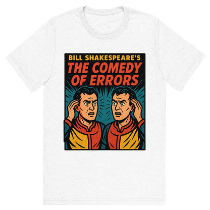 Front view of a Premium Tri-Blend Crew Neck T-Shirt in Solid White showing 'A retro, edgy graphic of a visual representation of a key theme and character from william shakespeare's the comedy of errors'