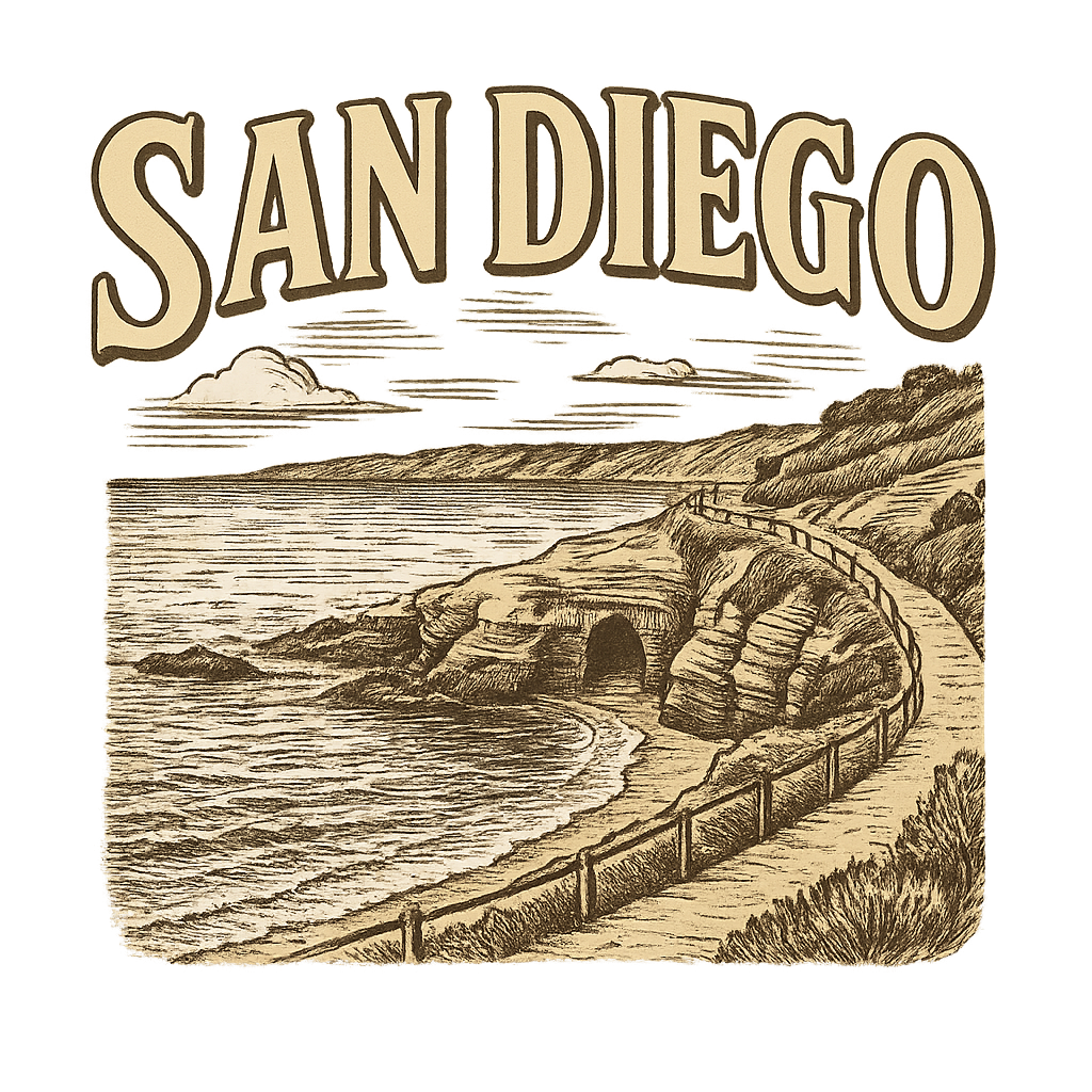 A typographic, nostalgic graphic of a typographic illustration of the words 'san diego' with a vintage line art drawing of the la jolla cove – a t-shirt design