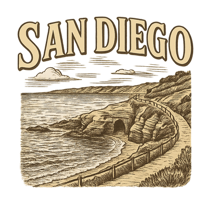 A typographic, nostalgic graphic of a typographic illustration of the words 'san diego' with a vintage line art drawing of the la jolla cove – a t-shirt design