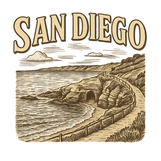 A typographic, nostalgic graphic of a typographic illustration of the words 'san diego' with a vintage line art drawing of the la jolla cove – a t-shirt design
