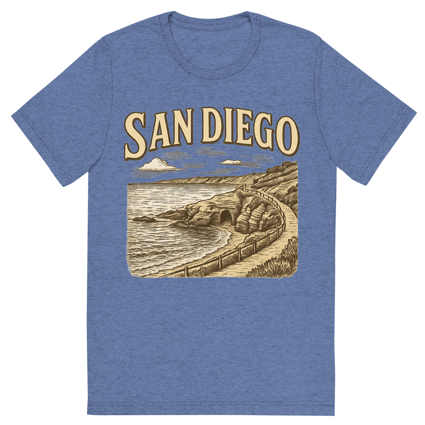 Front view of a Premium Tri-Blend Crew Neck T-Shirt in Blue showing 'A typographic, nostalgic graphic of a typographic illustration of the words 'san diego' with a vintage line art drawing of the la jolla cove'