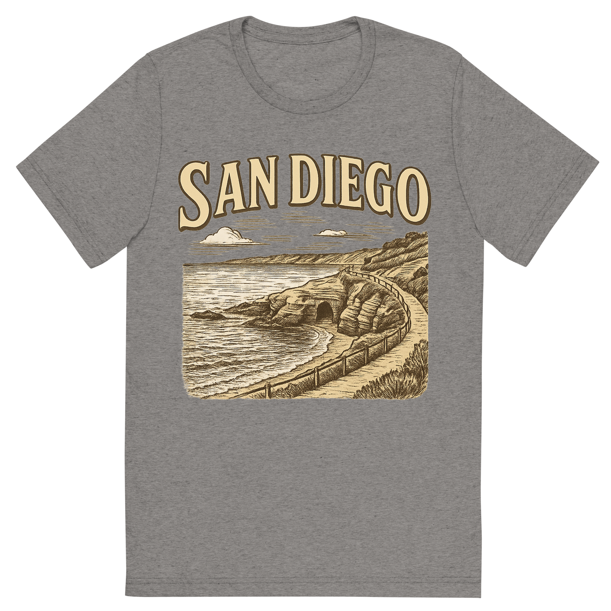 Front view of a Premium Tri-Blend Crew Neck T-Shirt in Grey showing 'A typographic, nostalgic graphic of a typographic illustration of the words 'san diego' with a vintage line art drawing of the la jolla cove'