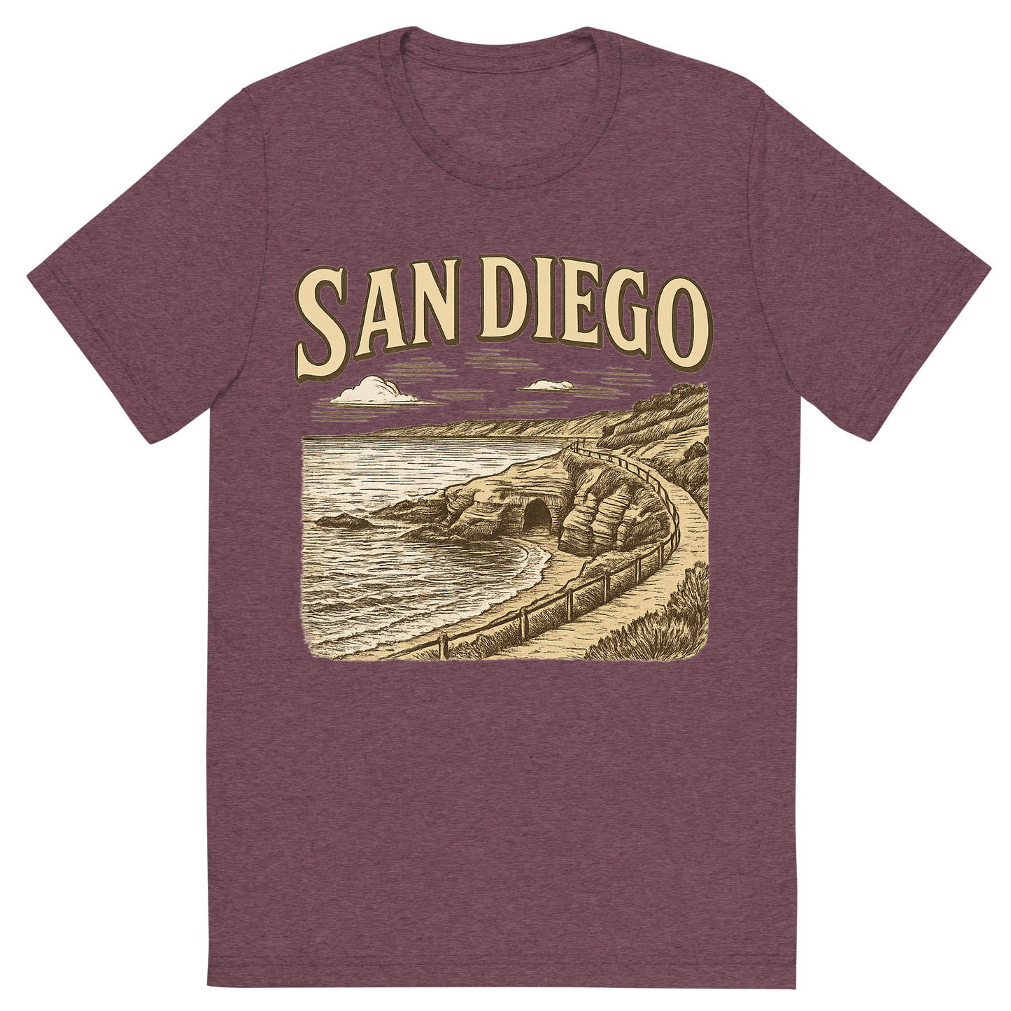 Front view of a Premium Tri-Blend Crew Neck T-Shirt in Maroon showing 'A typographic, nostalgic graphic of a typographic illustration of the words 'san diego' with a vintage line art drawing of the la jolla cove'