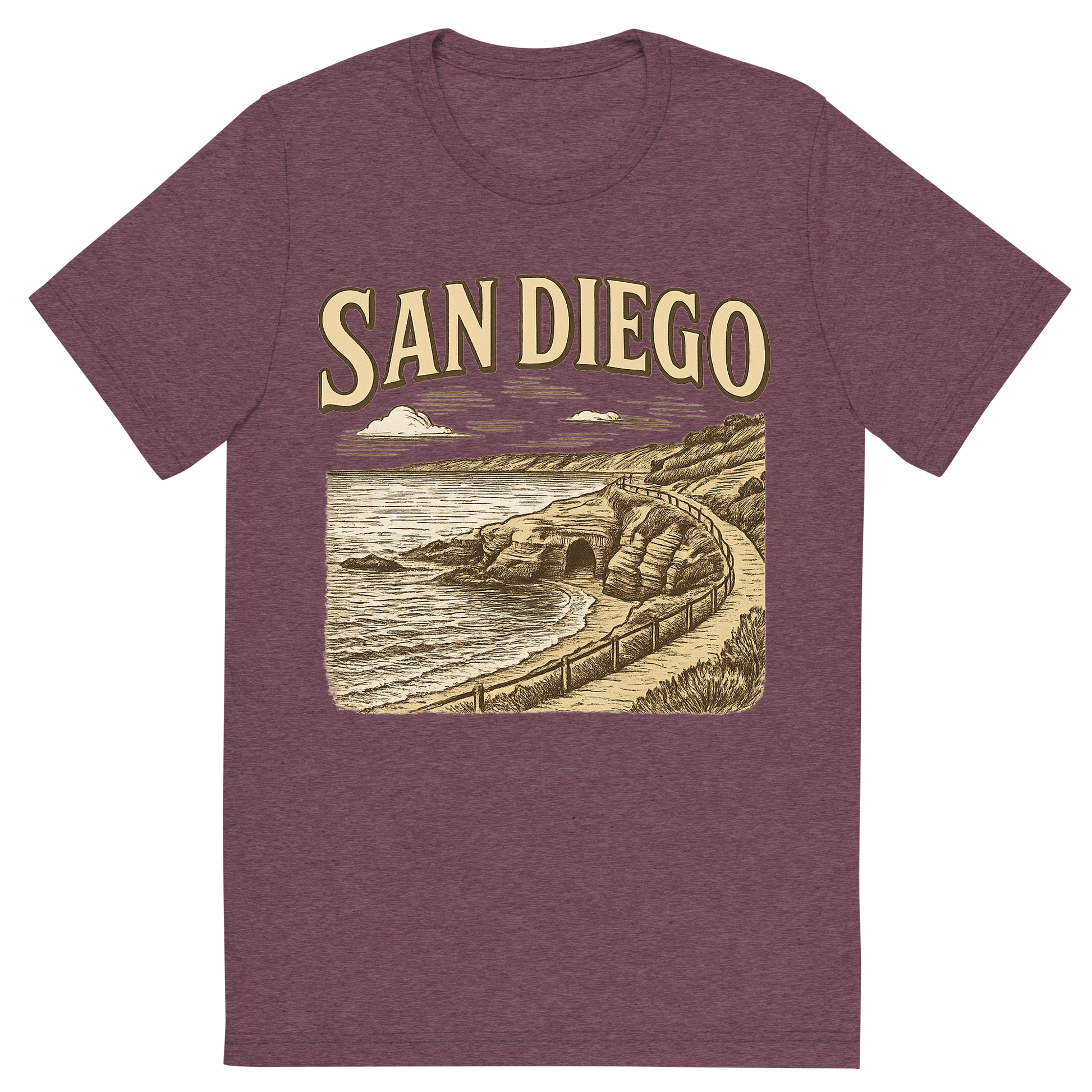 Front view of a Premium Tri-Blend Crew Neck T-Shirt in Maroon showing 'A typographic, nostalgic graphic of a typographic illustration of the words 'san diego' with a vintage line art drawing of the la jolla cove'