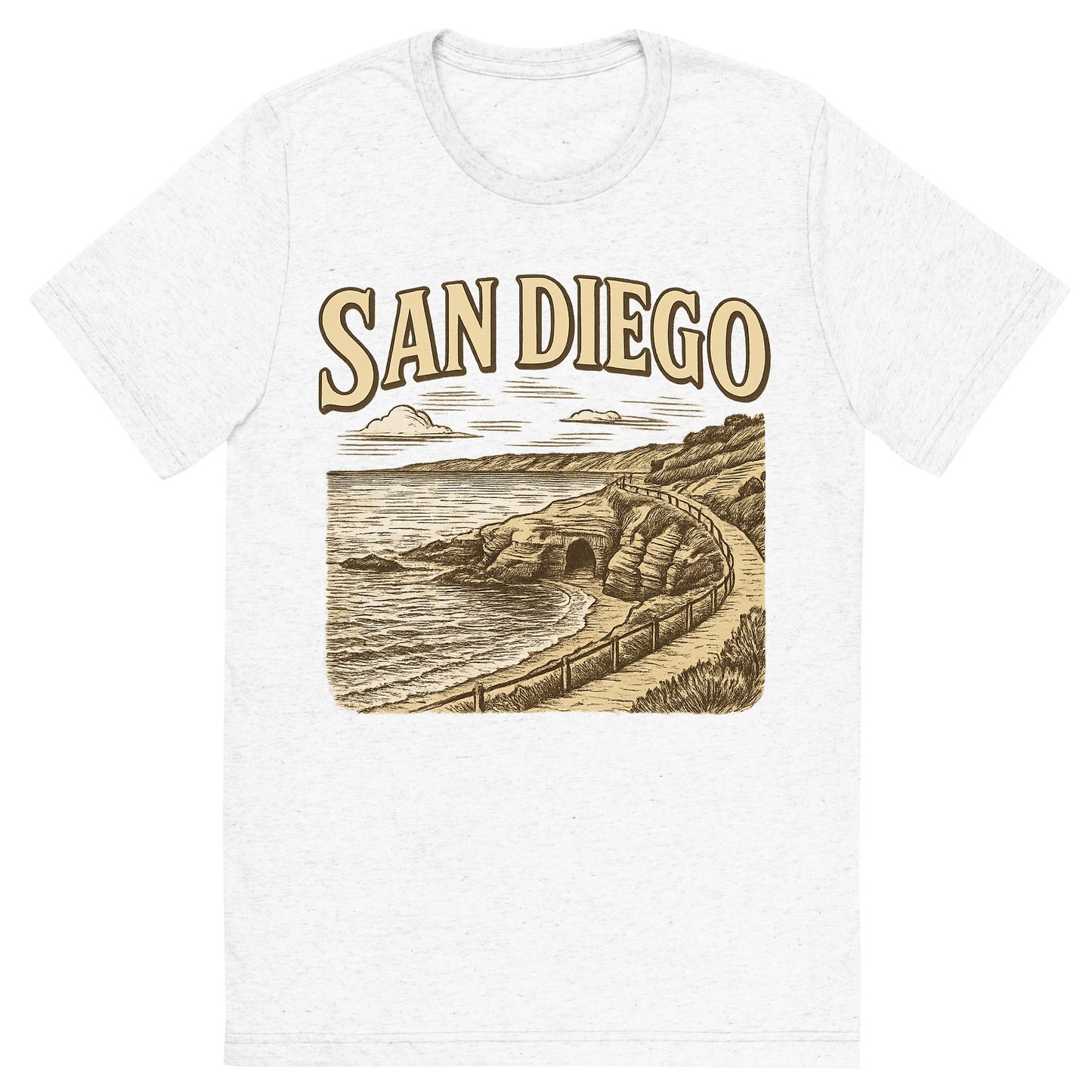 Front view of a Premium Tri-Blend Crew Neck T-Shirt in Solid White showing 'A typographic, nostalgic graphic of a typographic illustration of the words 'san diego' with a vintage line art drawing of the la jolla cove'