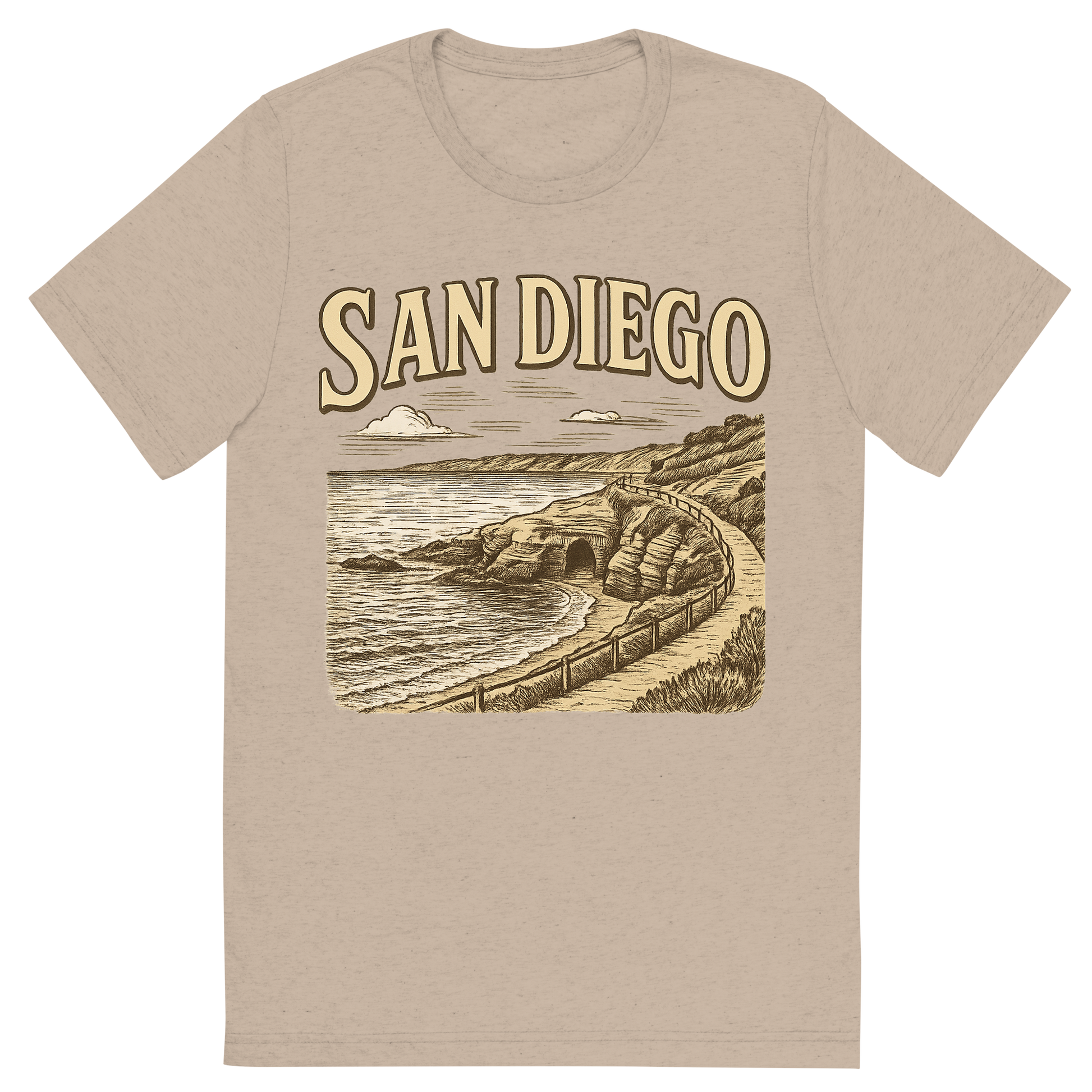 Front view of a Premium Tri-Blend Crew Neck T-Shirt in Tan showing 'A typographic, nostalgic graphic of a typographic illustration of the words 'san diego' with a vintage line art drawing of the la jolla cove'