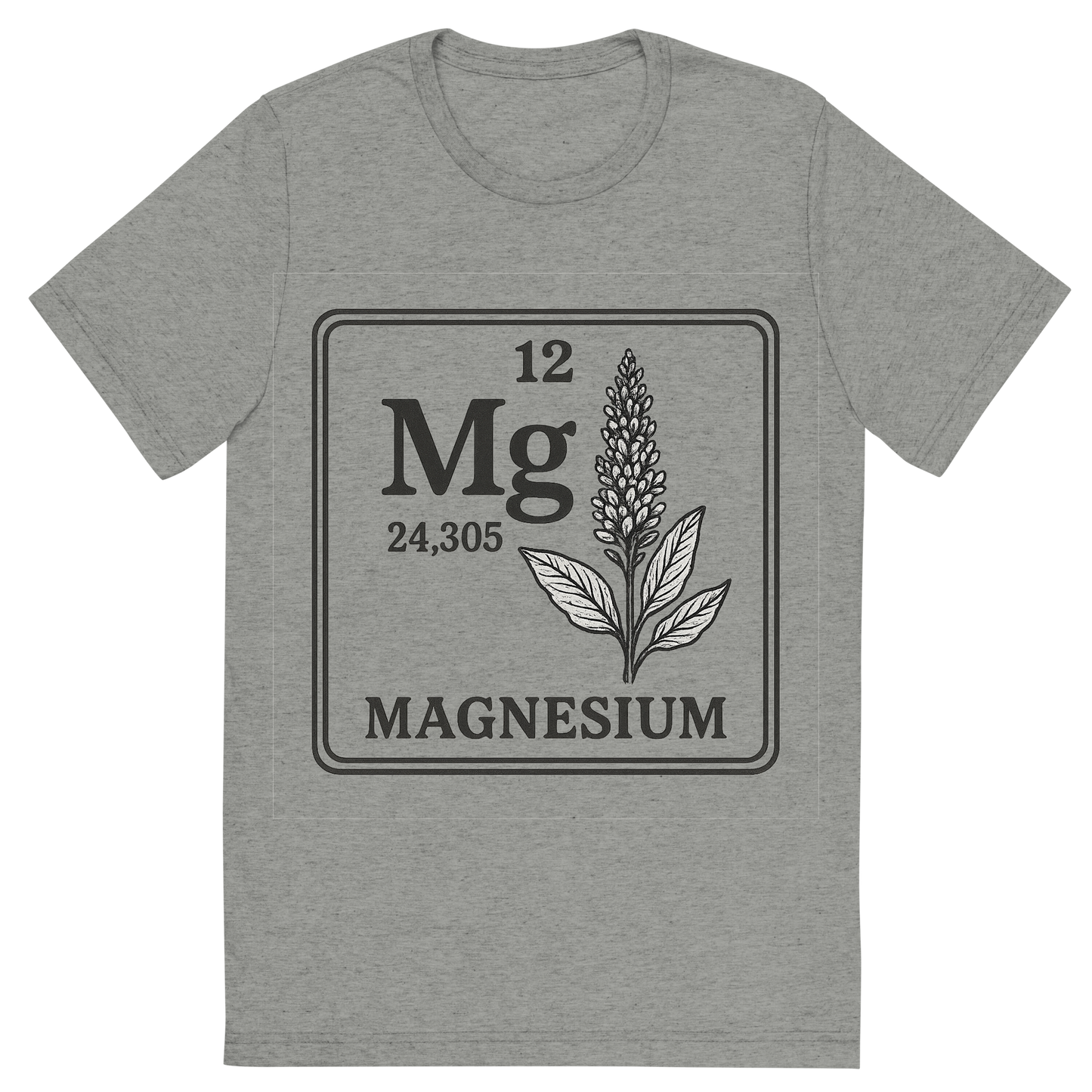 Front view of a Premium Tri-Blend Crew Neck T-Shirt in Athletic Grey showing 'A line art, nostalgic graphic of magnesium's entry on the periodic table, use a dark color for the lines and text'