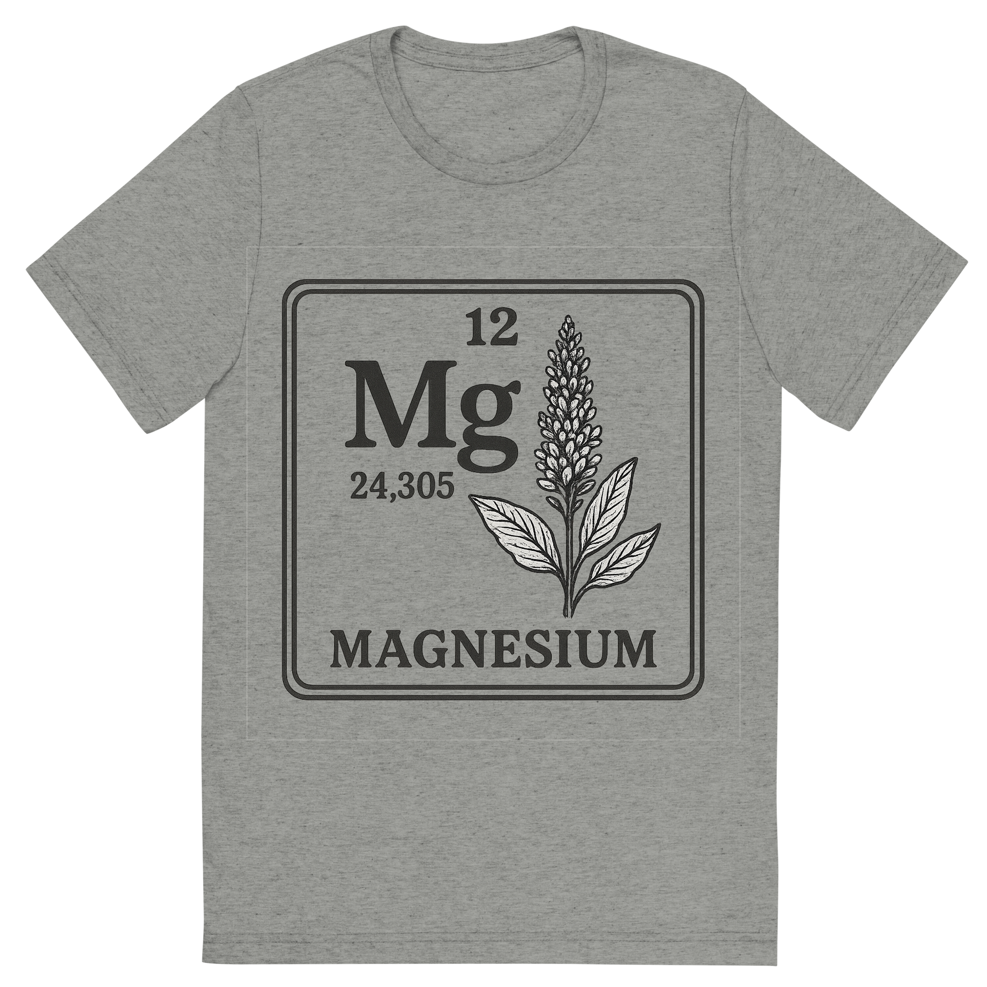 Front view of a Premium Tri-Blend Crew Neck T-Shirt in Athletic Grey showing 'A line art, nostalgic graphic of magnesium's entry on the periodic table, use a dark color for the lines and text'