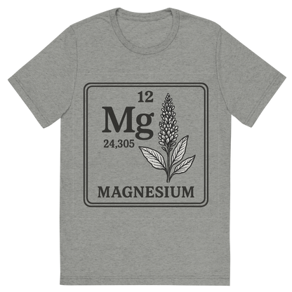 Front view of a Premium Tri-Blend Crew Neck T-Shirt in Athletic Grey showing 'A line art, nostalgic graphic of magnesium's entry on the periodic table, use a dark color for the lines and text'