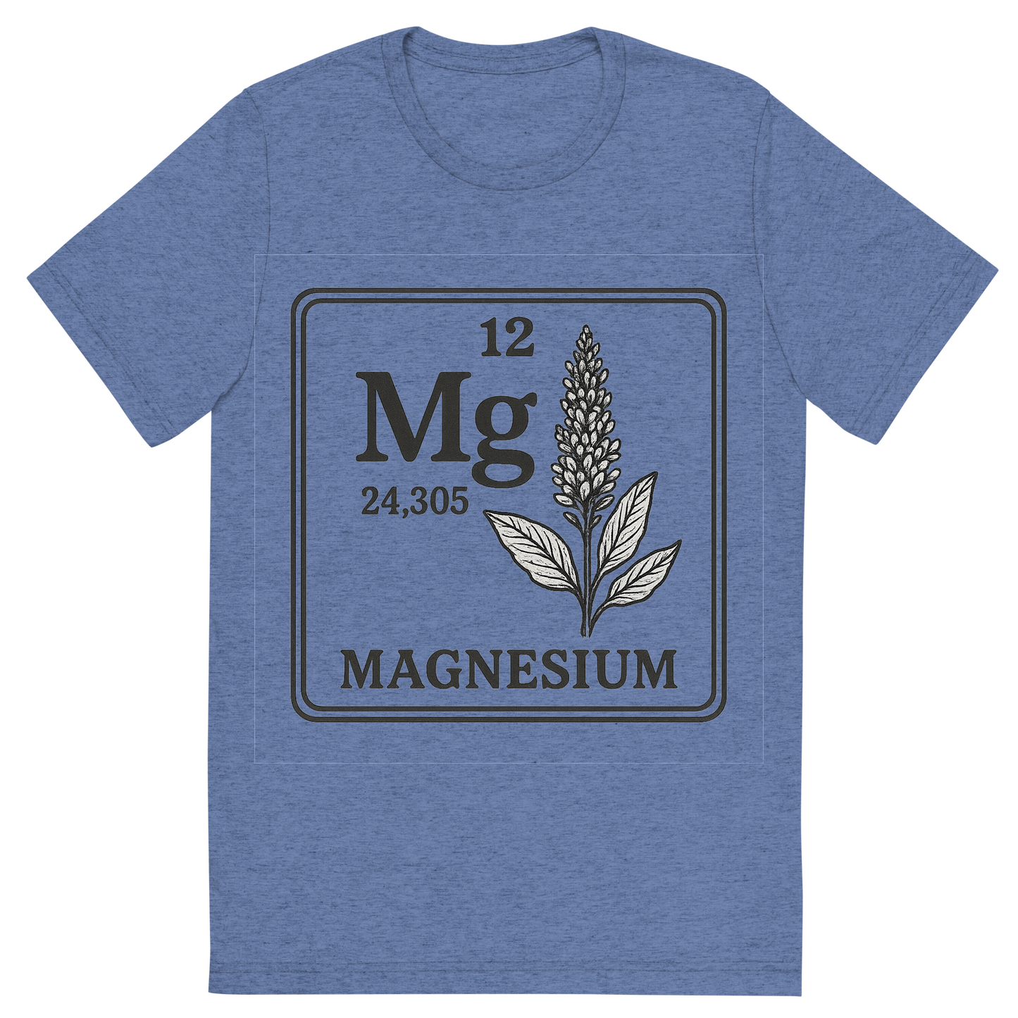 Front view of a Premium Tri-Blend Crew Neck T-Shirt in Blue showing 'A line art, nostalgic graphic of magnesium's entry on the periodic table, use a dark color for the lines and text'
