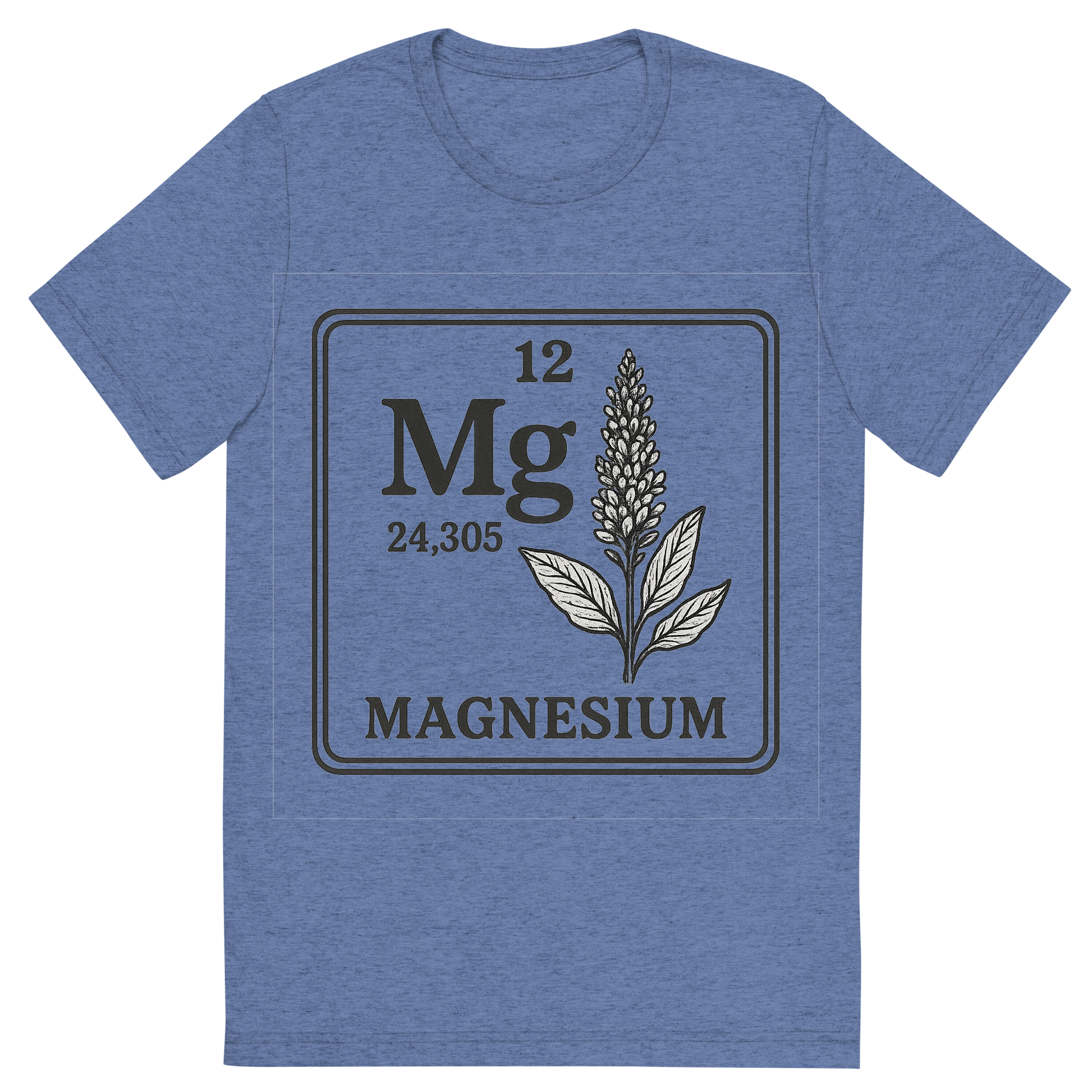 Front view of a Premium Tri-Blend Crew Neck T-Shirt in Blue showing 'A line art, nostalgic graphic of magnesium's entry on the periodic table, use a dark color for the lines and text'