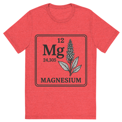 Front view of a Premium Tri-Blend Crew Neck T-Shirt in Red showing 'A line art, nostalgic graphic of magnesium's entry on the periodic table, use a dark color for the lines and text'