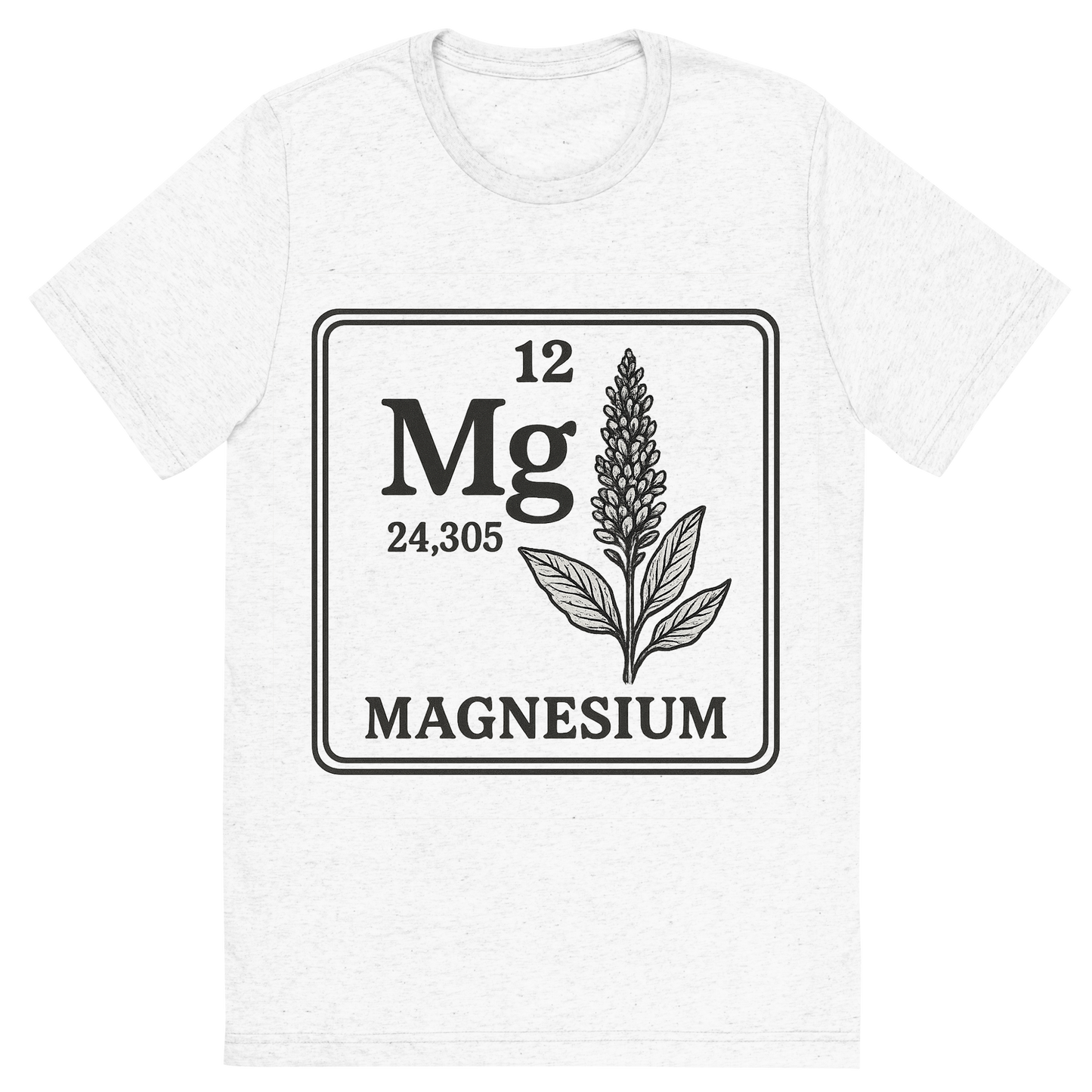 Front view of a Premium Tri-Blend Crew Neck T-Shirt in Solid White showing 'A line art, nostalgic graphic of magnesium's entry on the periodic table, use a dark color for the lines and text'